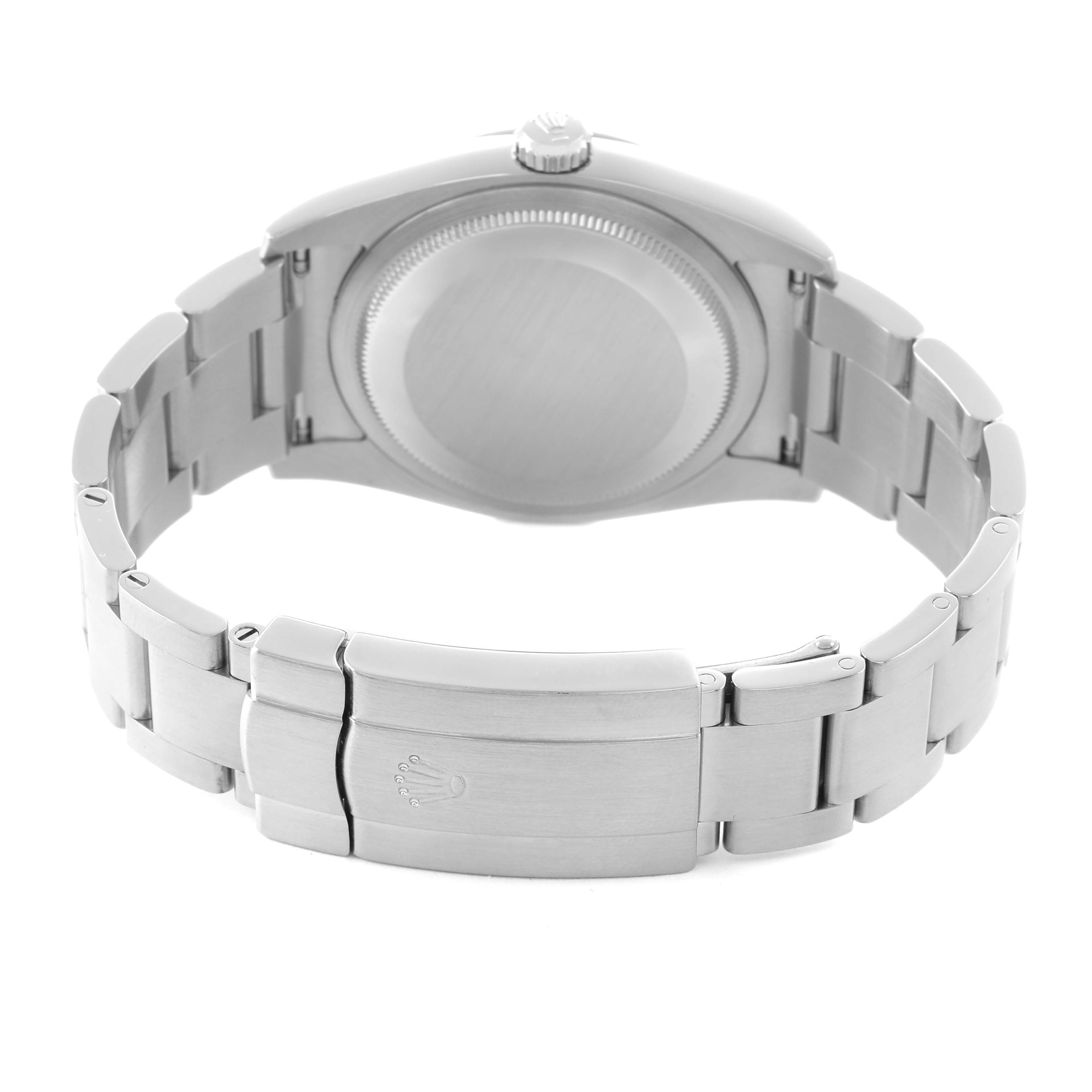 The image shows the back of a Rolex Oyster Perpetual 116000 Men's Stainless Steel Blue Dial watch, featuring the clasp and bracelet links.