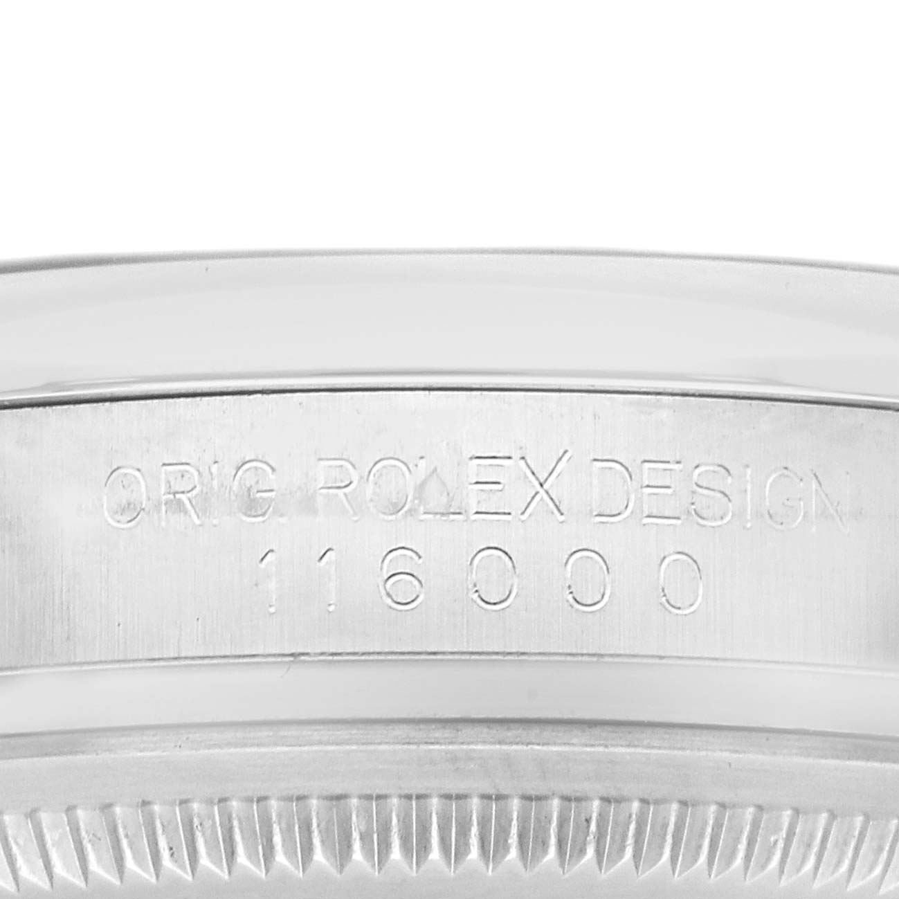 The image shows a close-up of the case side with the engraving "ORIG ROLEX DESIGN 116000" on the Rolex Oyster Perpetual 116000 Men's Stainless Steel Blue Dial watch.
