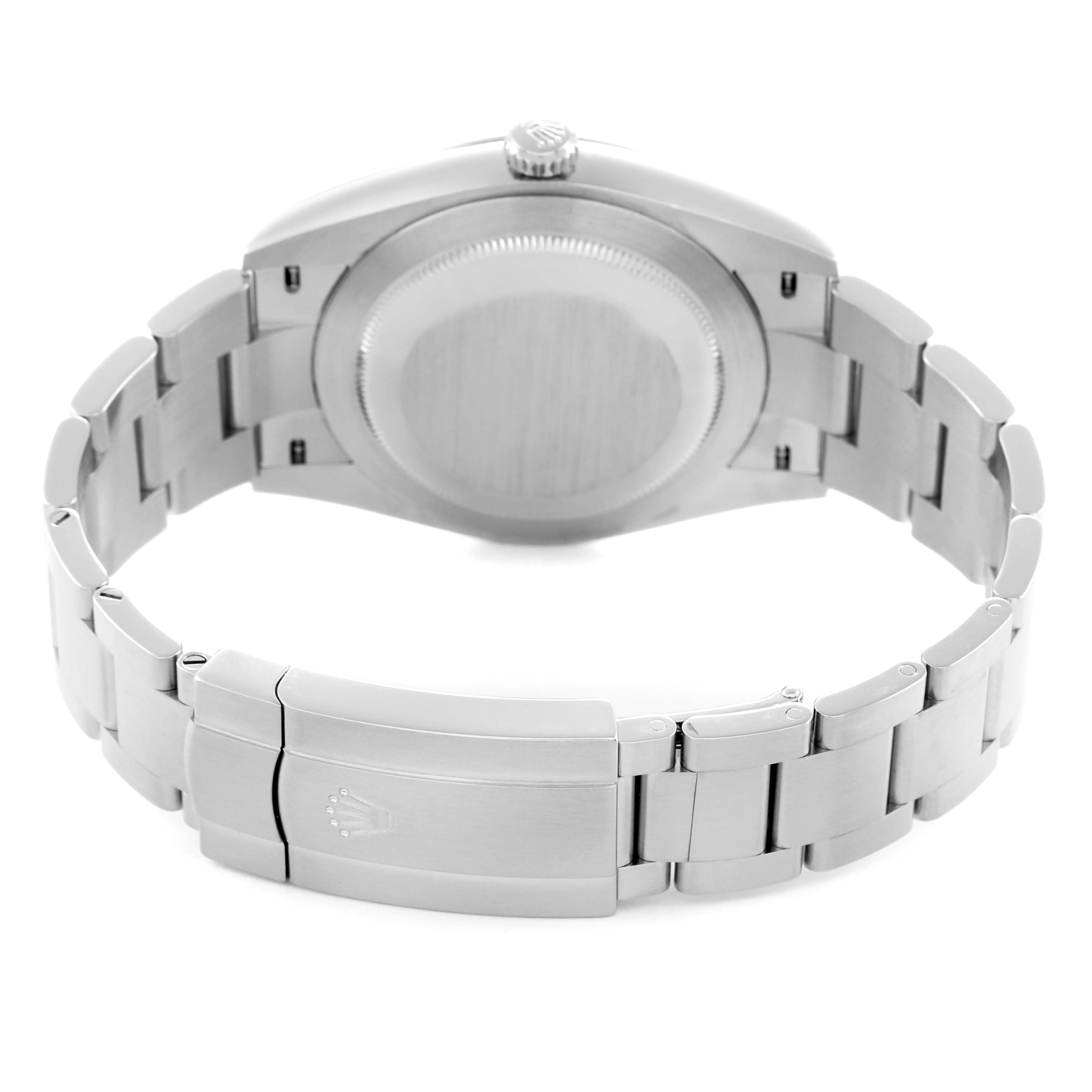 The Rolex Oyster Perpetual 124300 Men
s Stainless Steel Silver Dial watch is shown from the back, focusing on the case back and bracelet clasp.