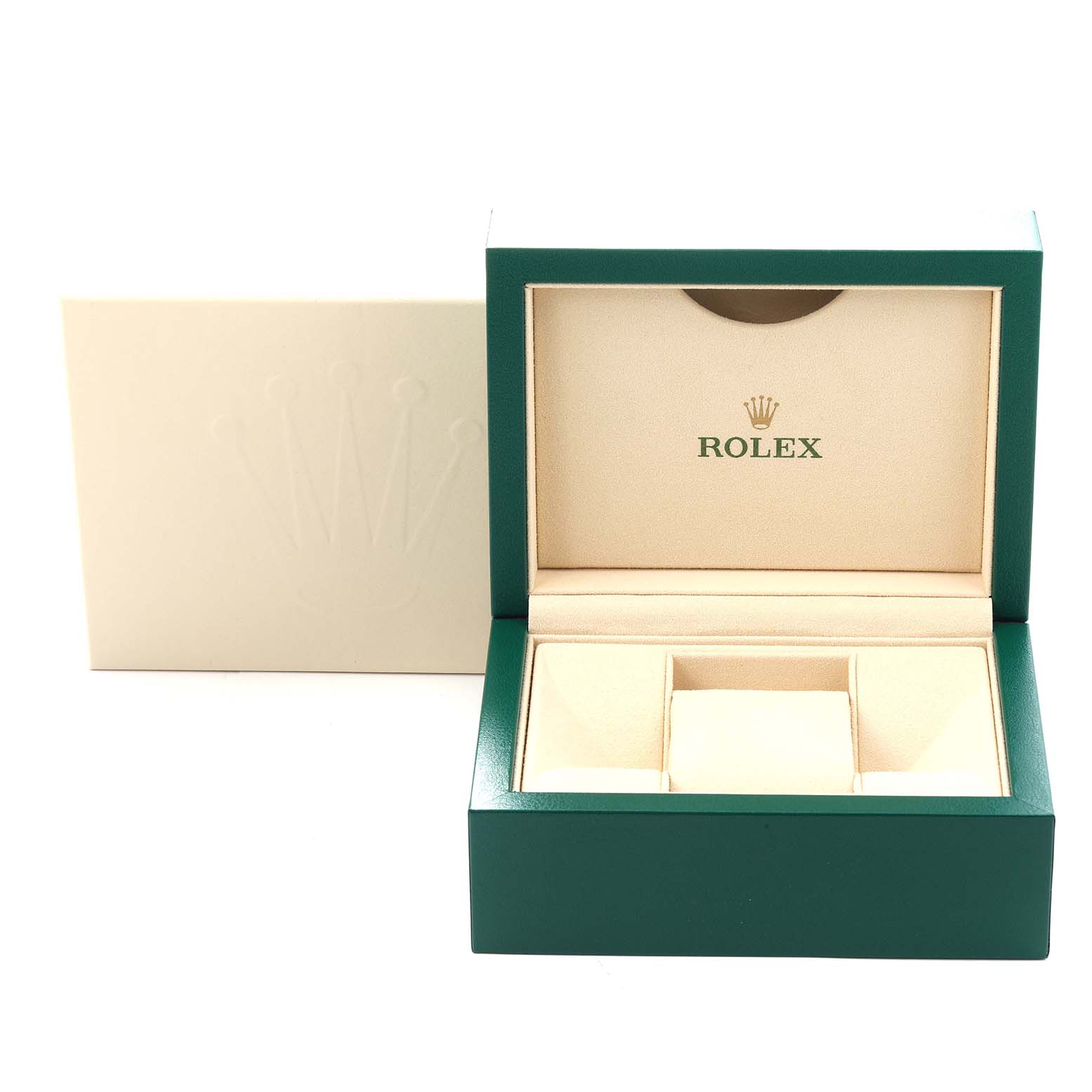 The image shows an open Rolex Oyster Perpetual 124300 Men
s Stainless Steel Silver Dial watch box with the iconic green exterior and cream interior.