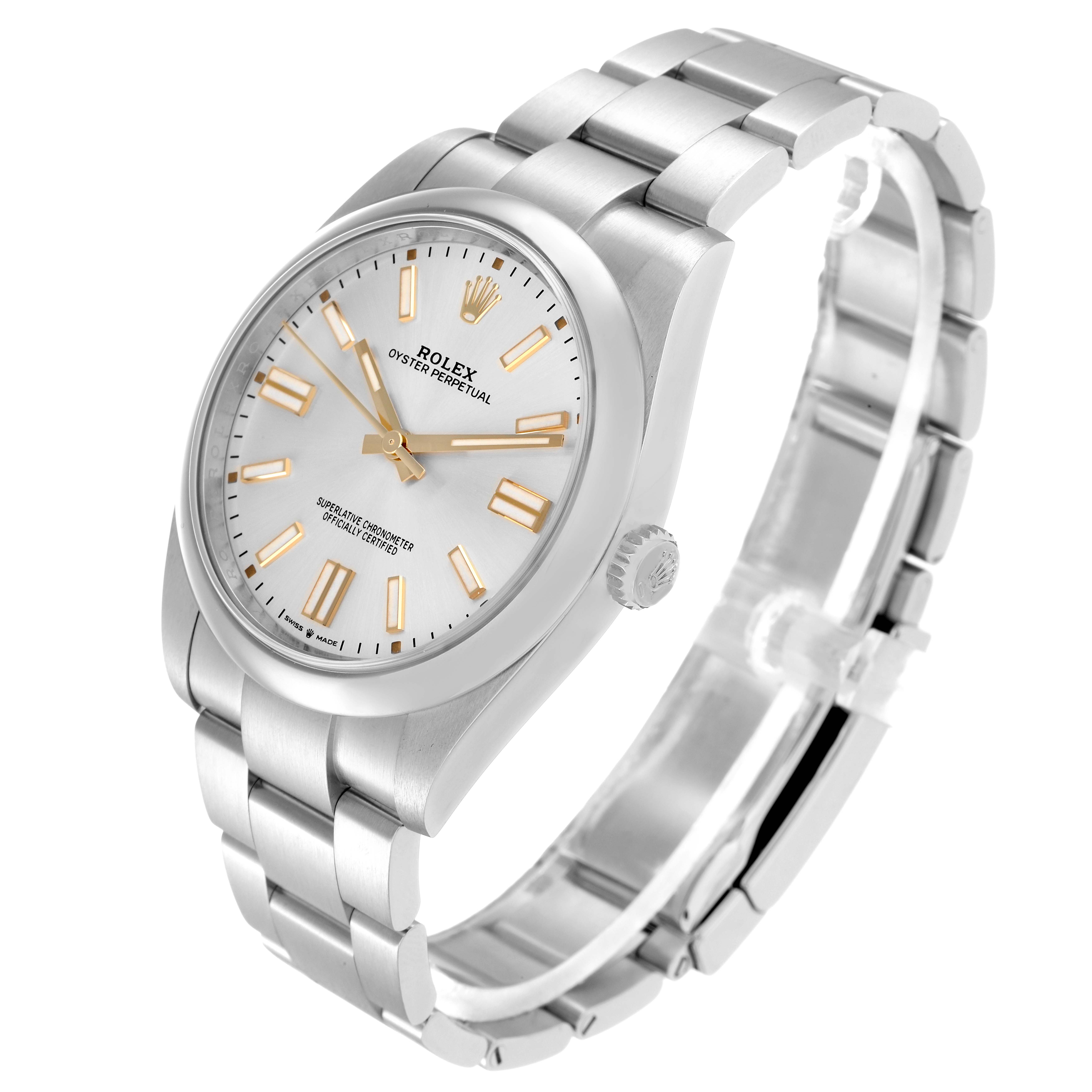 The Rolex Oyster Perpetual 124300 Men
s Stainless Steel Silver Dial watch is shown at a three-quarter angle, displaying the face, crown, and bracelet in detail.