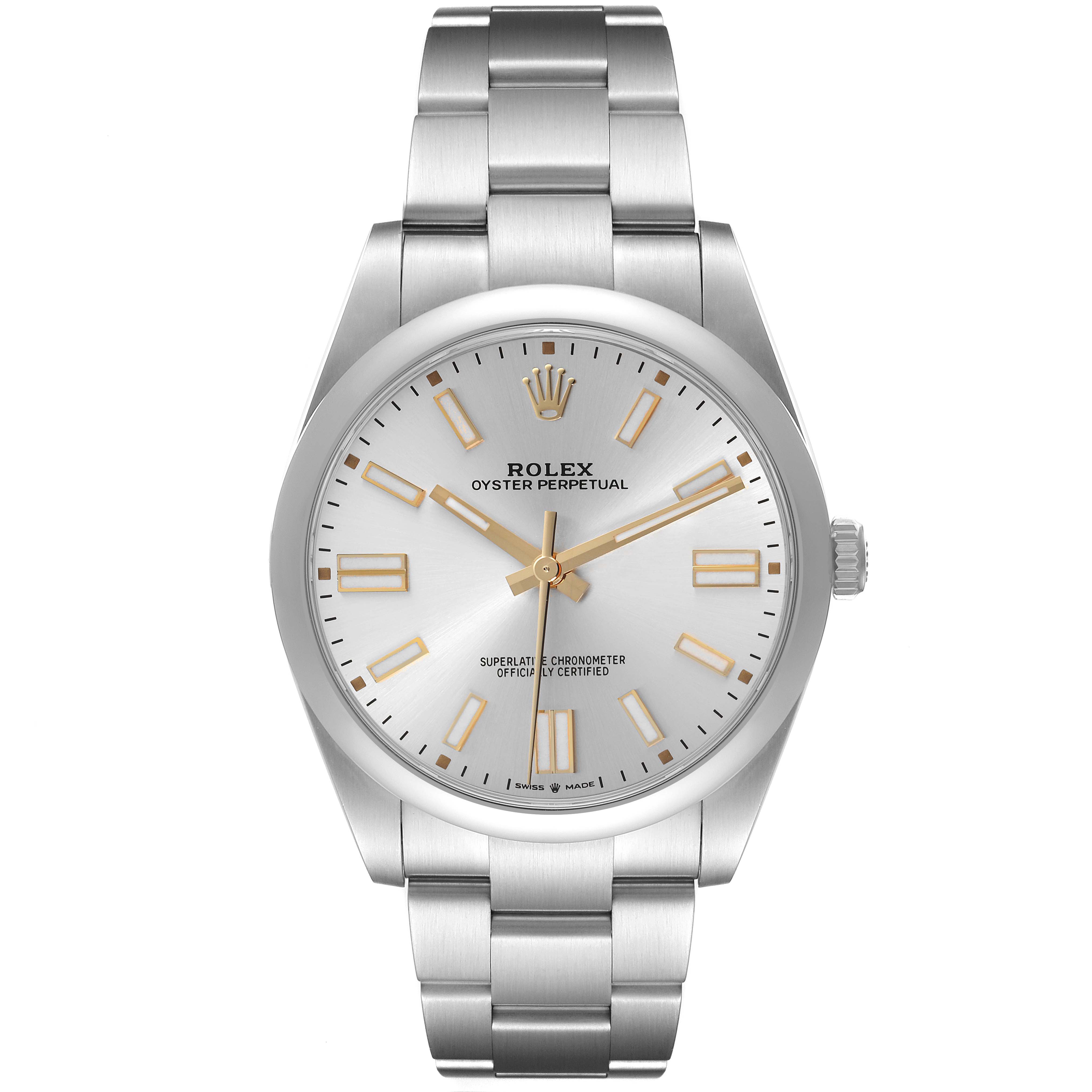 The image shows a frontal view of a Rolex Oyster Perpetual 124300 Men
s Stainless Steel Silver Dial watch, highlighting its dial, bracelet, and crown.