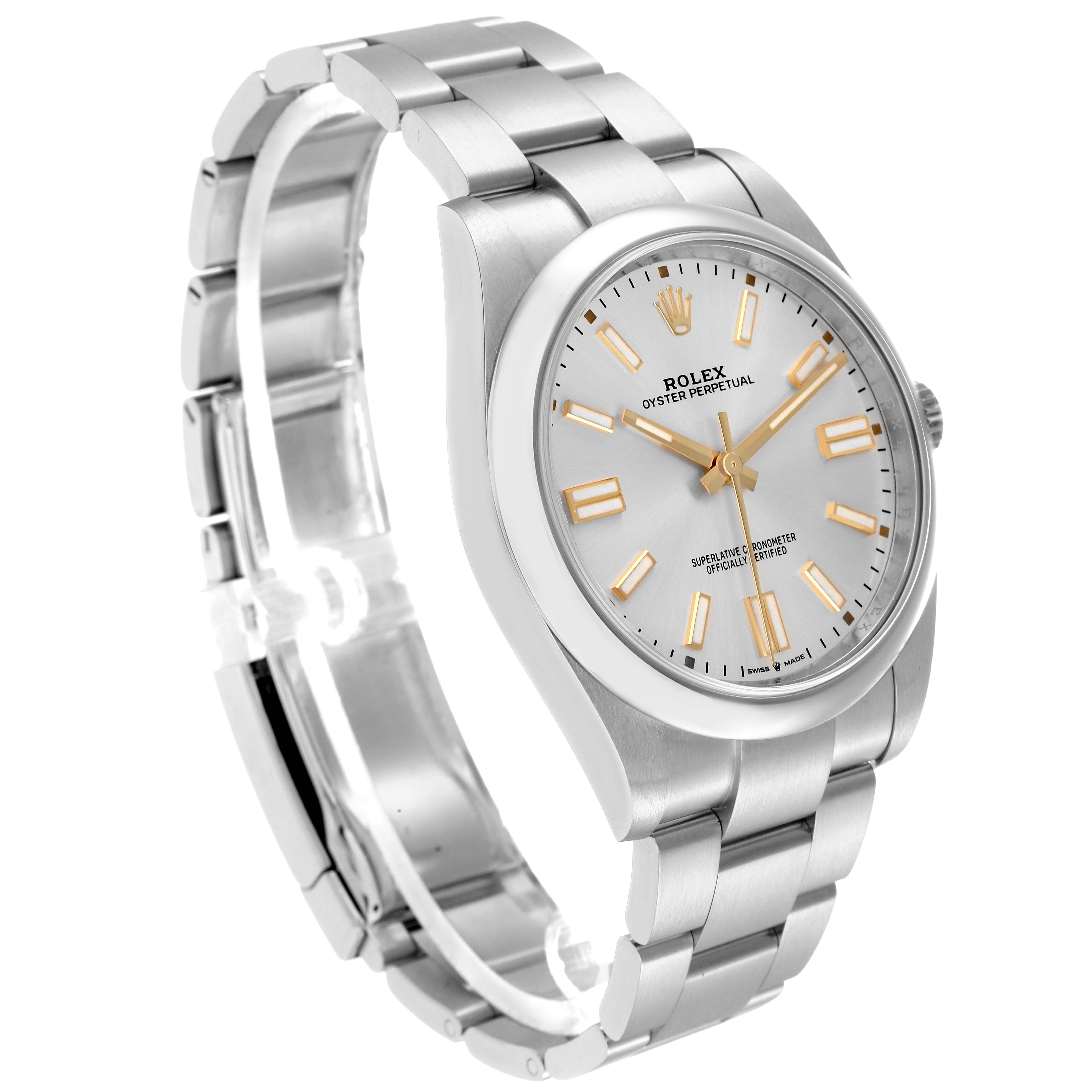 The Rolex Oyster Perpetual 124300 Men
s Stainless Steel Silver Dial watch is shown at a slight angle, highlighting the case, dial, and part of the bracelet.