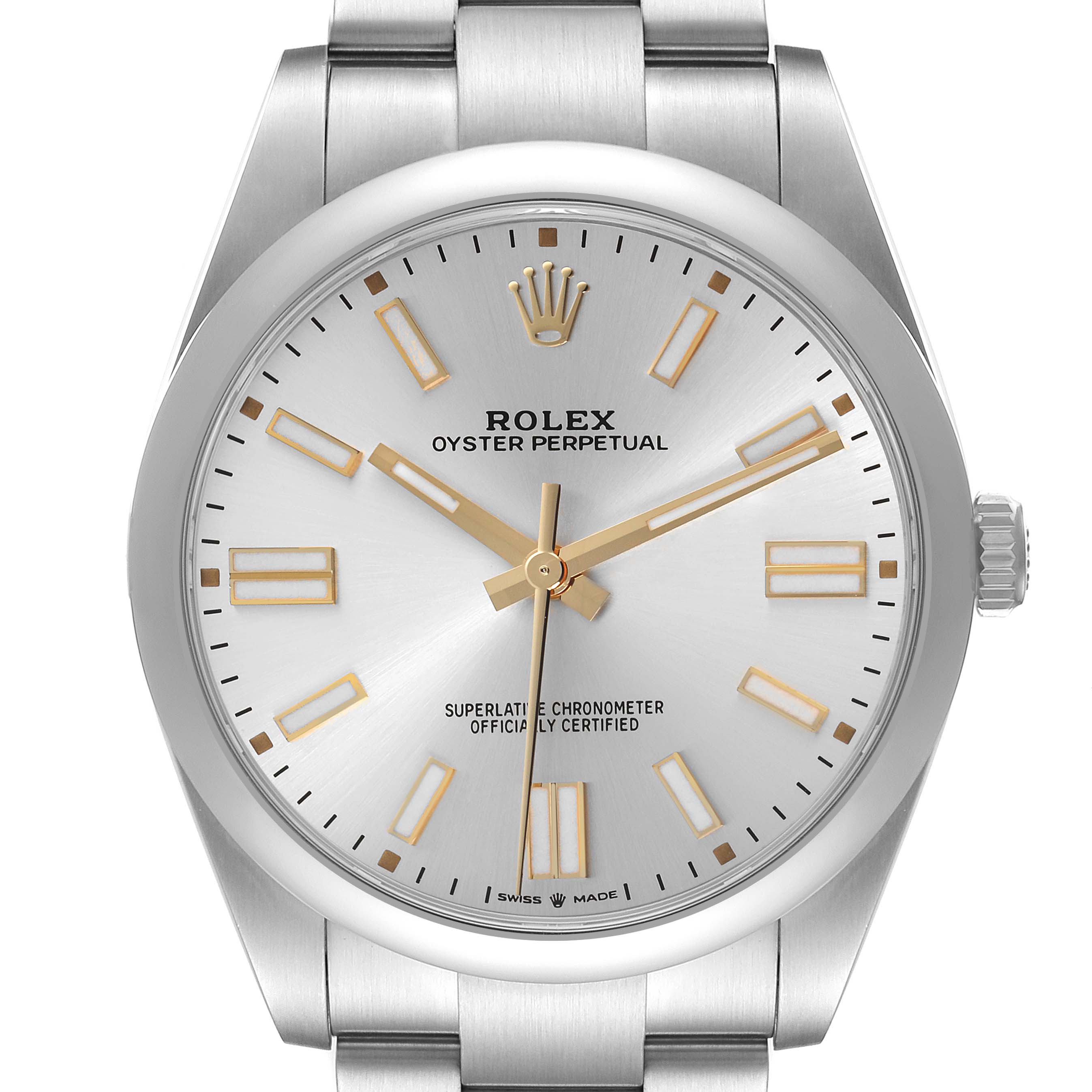 The Rolex Oyster Perpetual 124300 Men
s Stainless Steel Silver Dial watch is shown from the front, displaying the dial, hands, markers, and a portion of the bracelet.