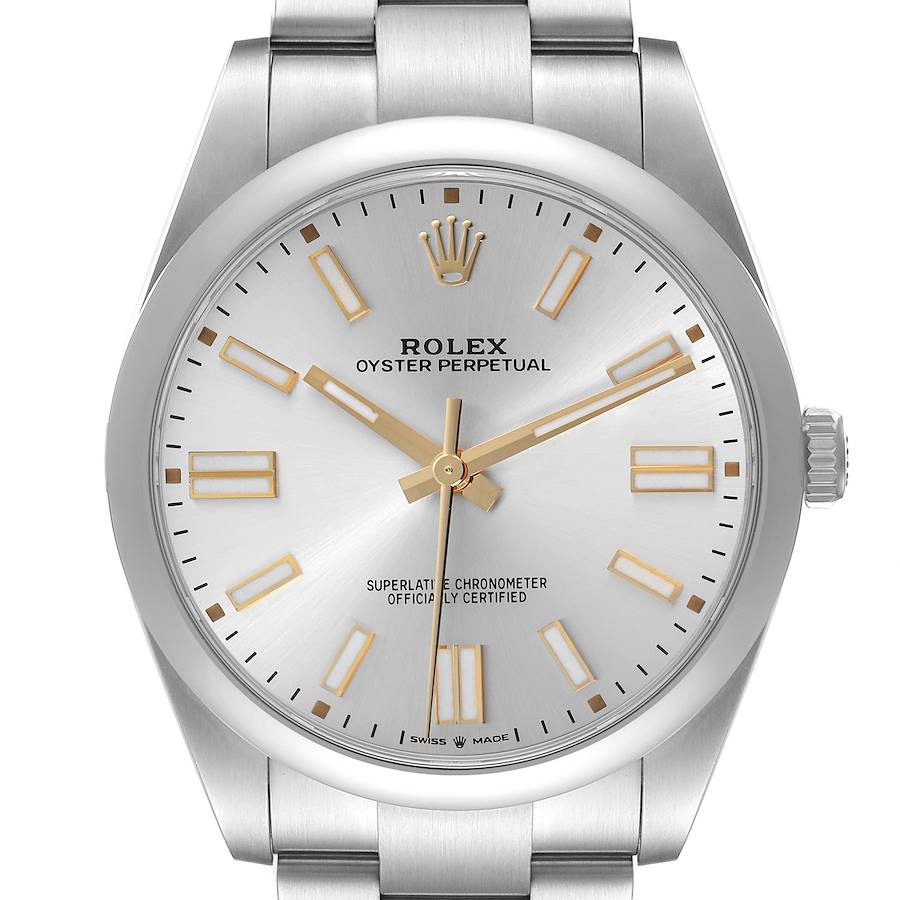 The Rolex Oyster Perpetual 124300 Men's Stainless Steel Silver Dial watch is shown from the front, displaying the dial, hands, markers, and a portion of the bracelet.