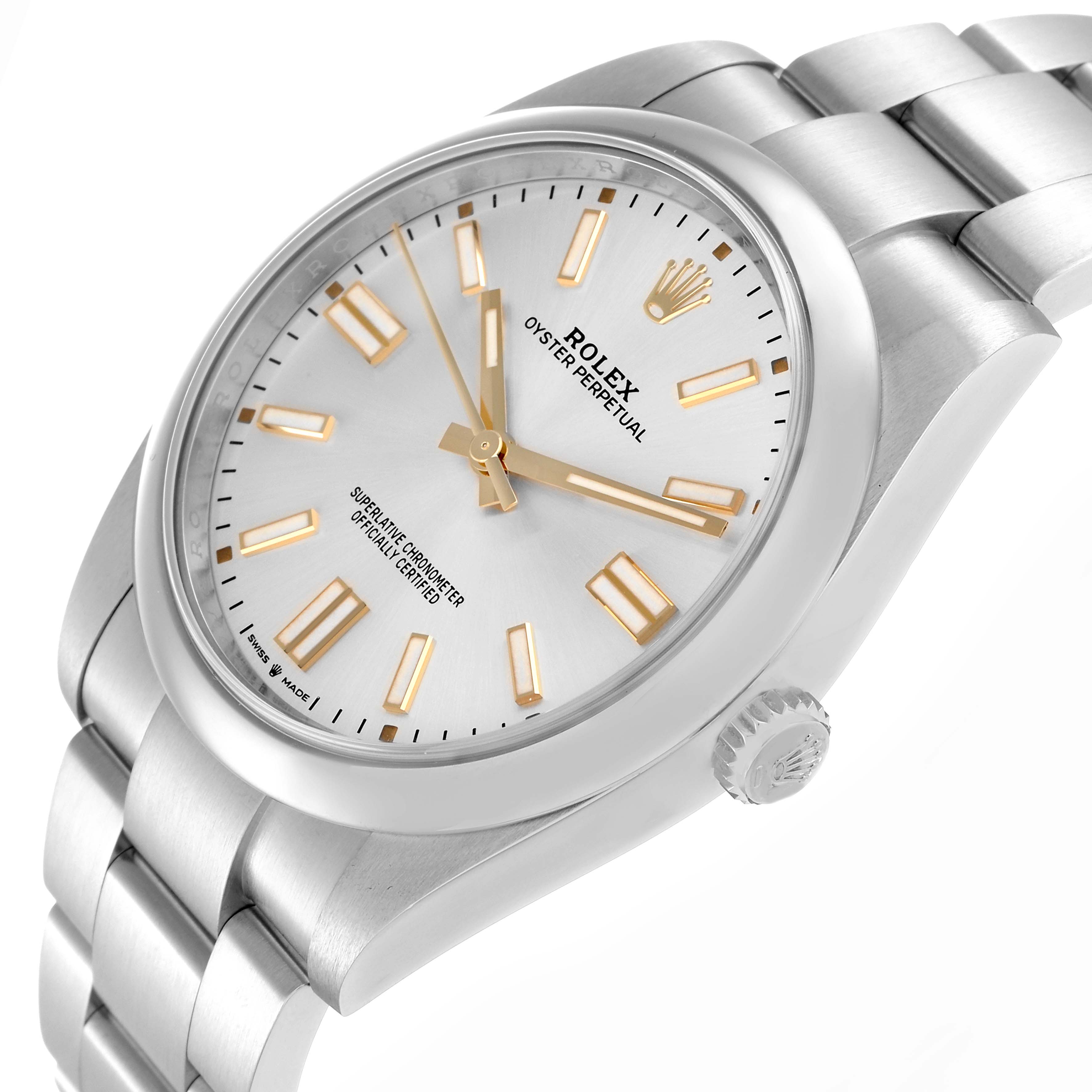 The Rolex Oyster Perpetual 124300 Men
s Stainless Steel Silver Dial watch is shown at an angled side view, displaying the face, crown, and part of the bracelet.