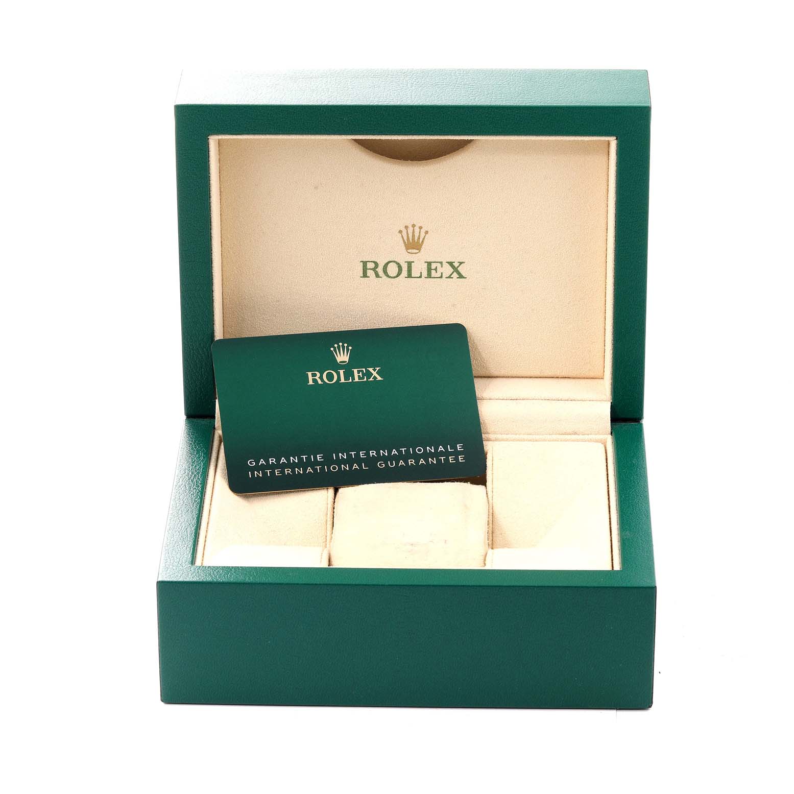 This image shows an open box with a green international guarantee card for a Rolex Oyster Perpetual 124300 Men's Stainless Steel Silver Dial 124300 Men's Stainless Steel Silver Dial watch.