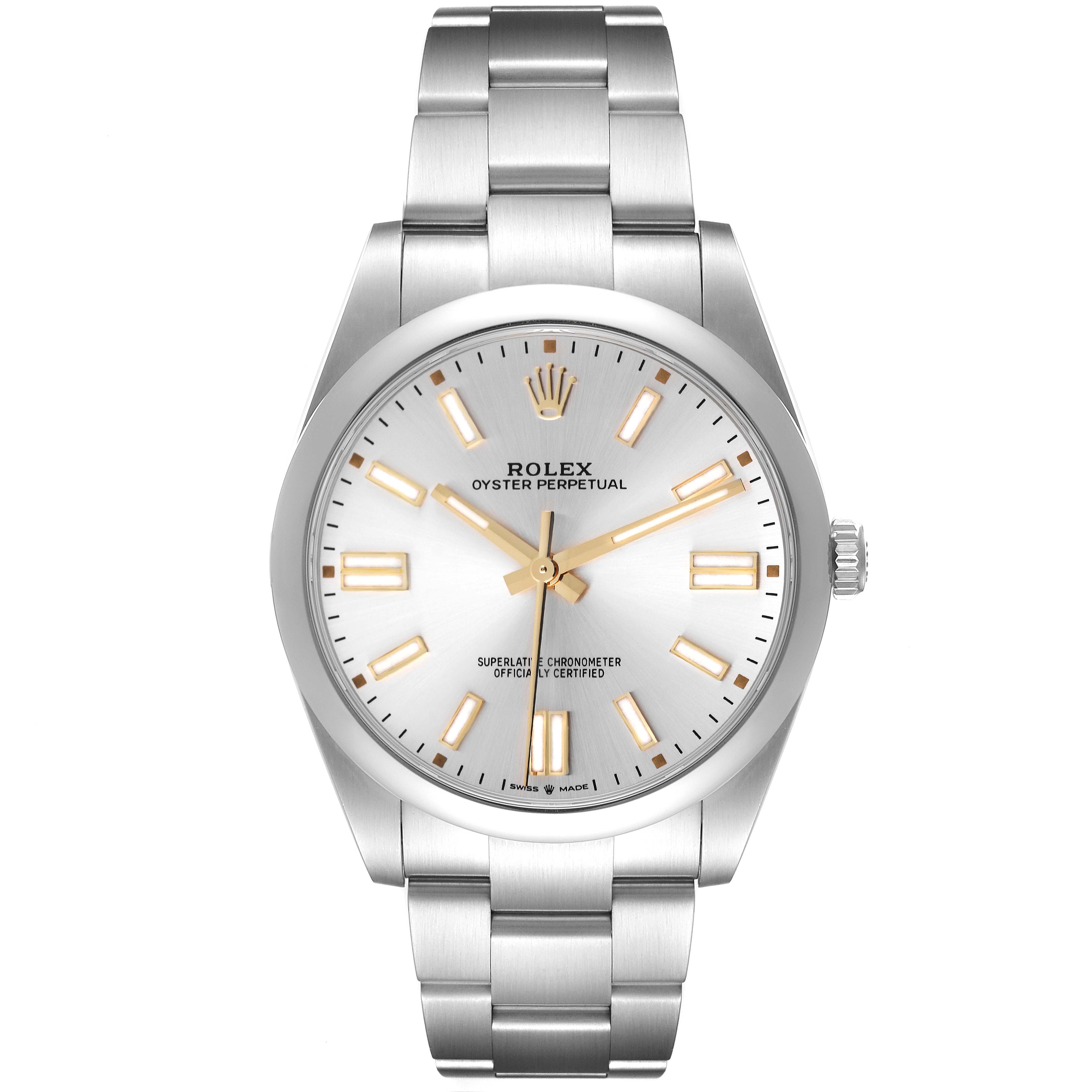 This image shows a front-facing view of a Rolex Oyster Perpetual 124300 Men's Stainless Steel Silver Dial 124300 Men's Stainless Steel Silver Dial watch, highlighting its dial, bezel, and bracelet.