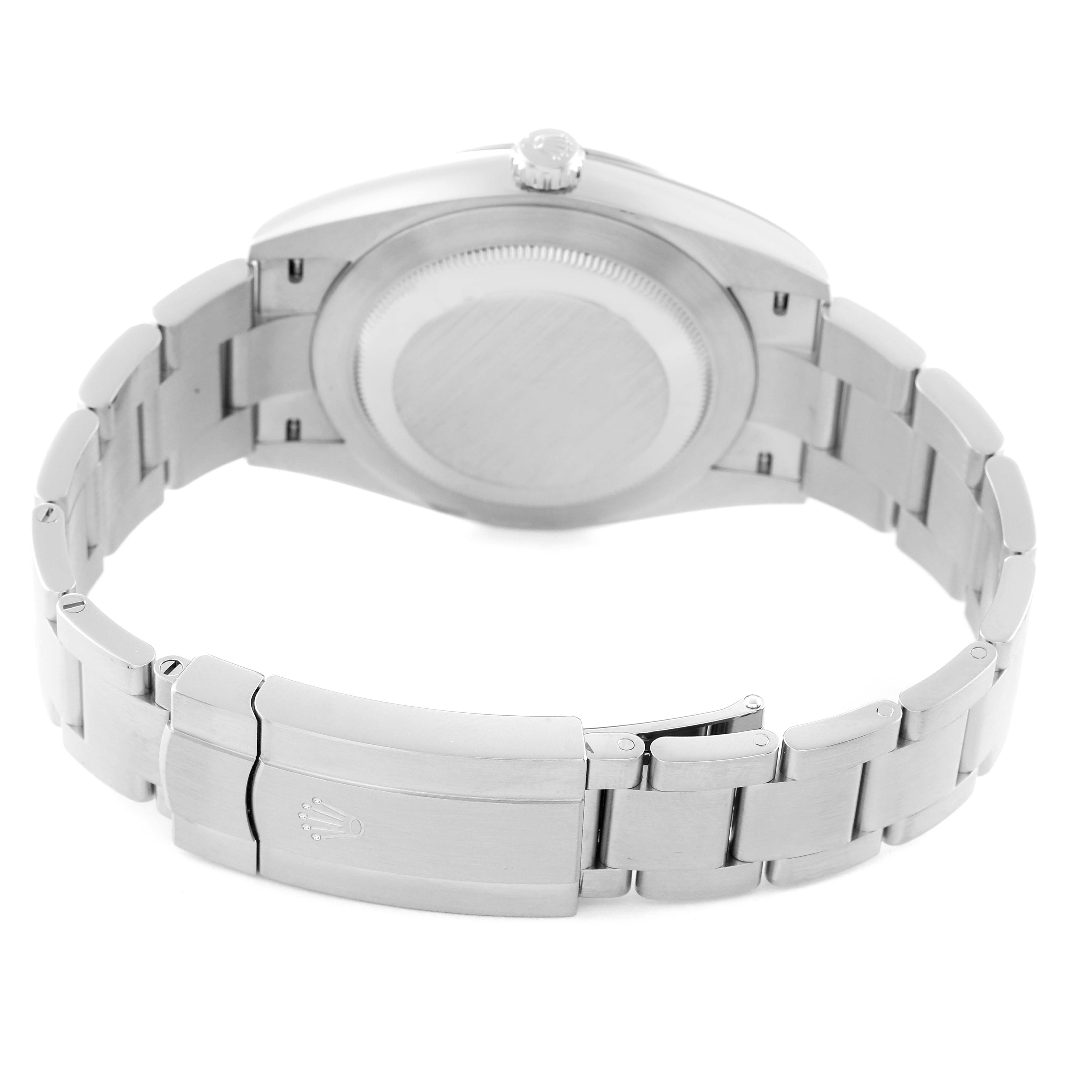 The image shows the back view of a Rolex Oyster Perpetual 124300 Men's Stainless Steel Silver Dial 124300 Men's Stainless Steel Silver Dial watch, focusing on the case back and bracelet clasp.