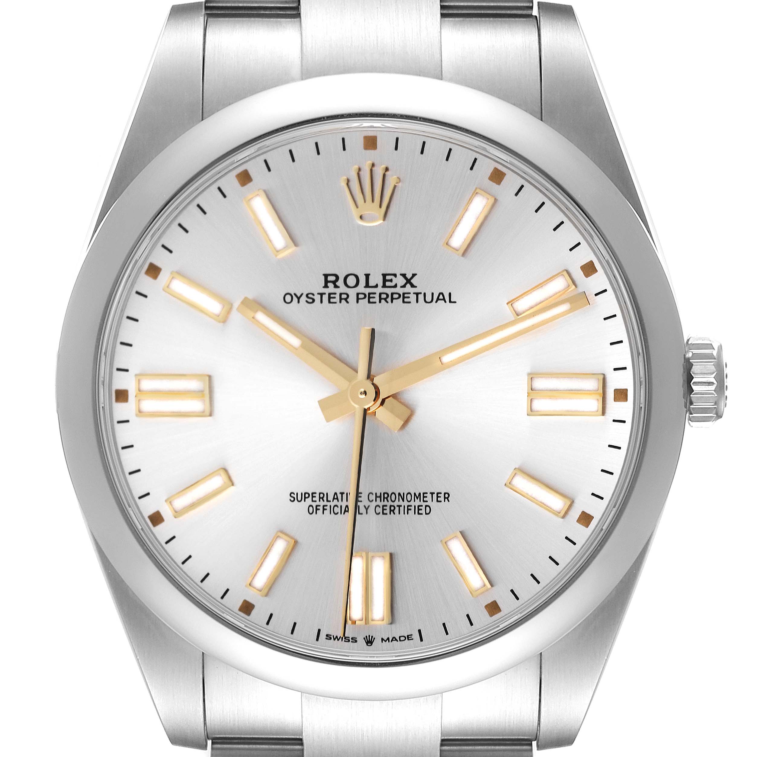 This image shows the front view of a Rolex Oyster Perpetual 124300 Men's Stainless Steel Silver Dial 124300 Men's Stainless Steel Silver Dial watch, highlighting its dial, hour markers, hands, and part of the bracelet.