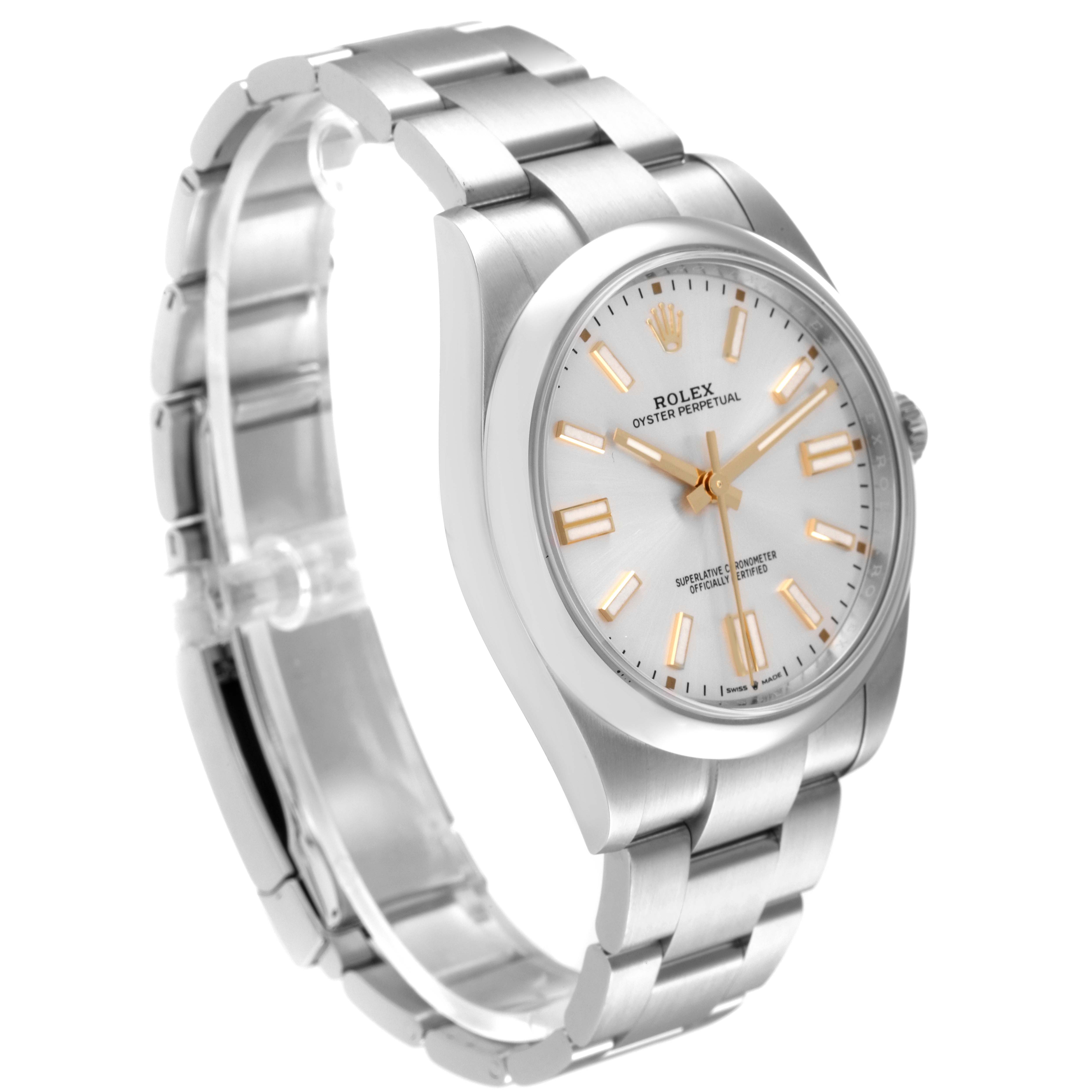 This image shows a Rolex Oyster Perpetual 124300 Men's Stainless Steel Silver Dial 124300 Men's Stainless Steel Silver Dial watch from a three-quarter angle, highlighting the face and bracelet.