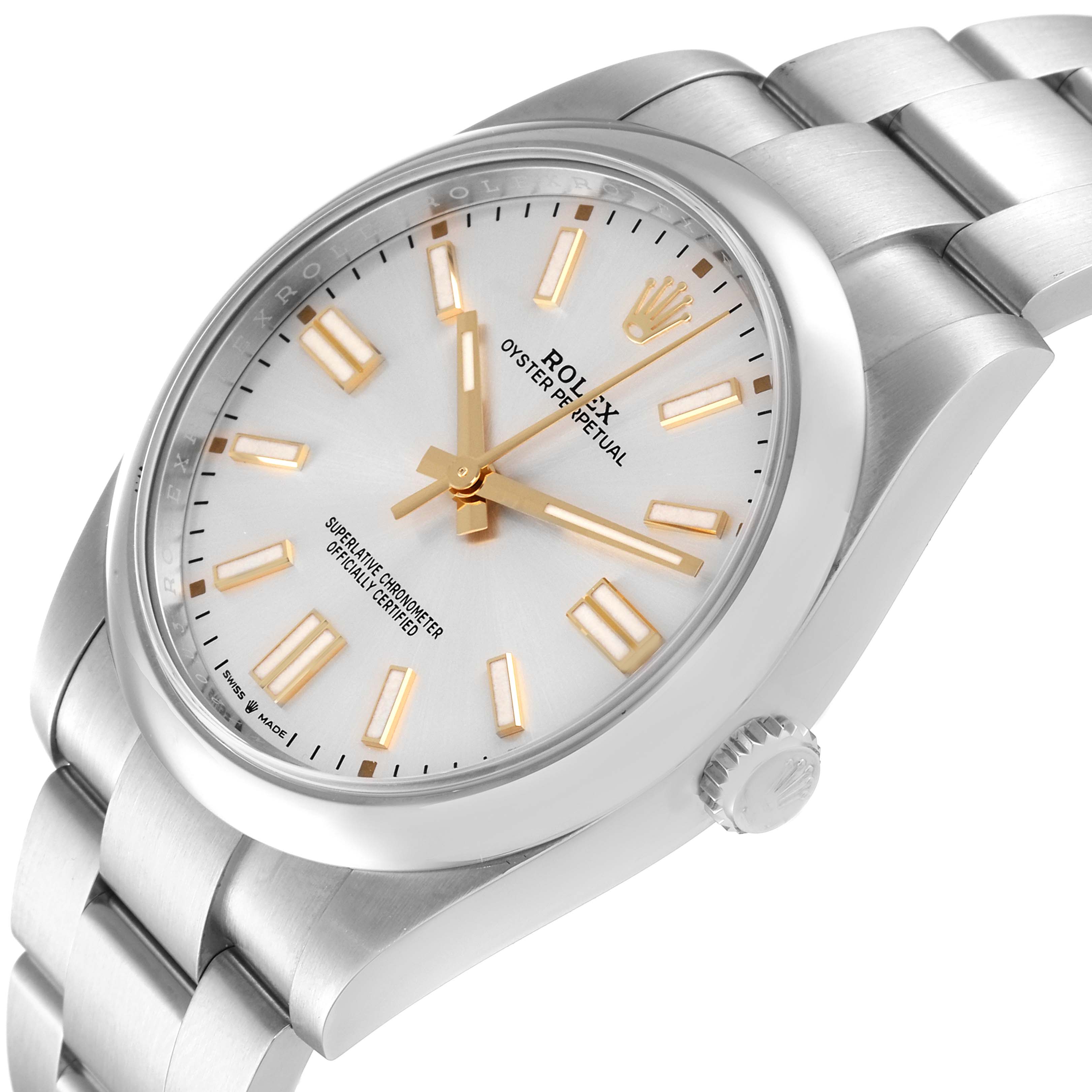 The image shows a side angle of the Rolex Oyster Perpetual 124300 Men's Stainless Steel Silver Dial 124300 Men's Stainless Steel Silver Dial watch, highlighting its dial, bezel, and part of the bracelet.