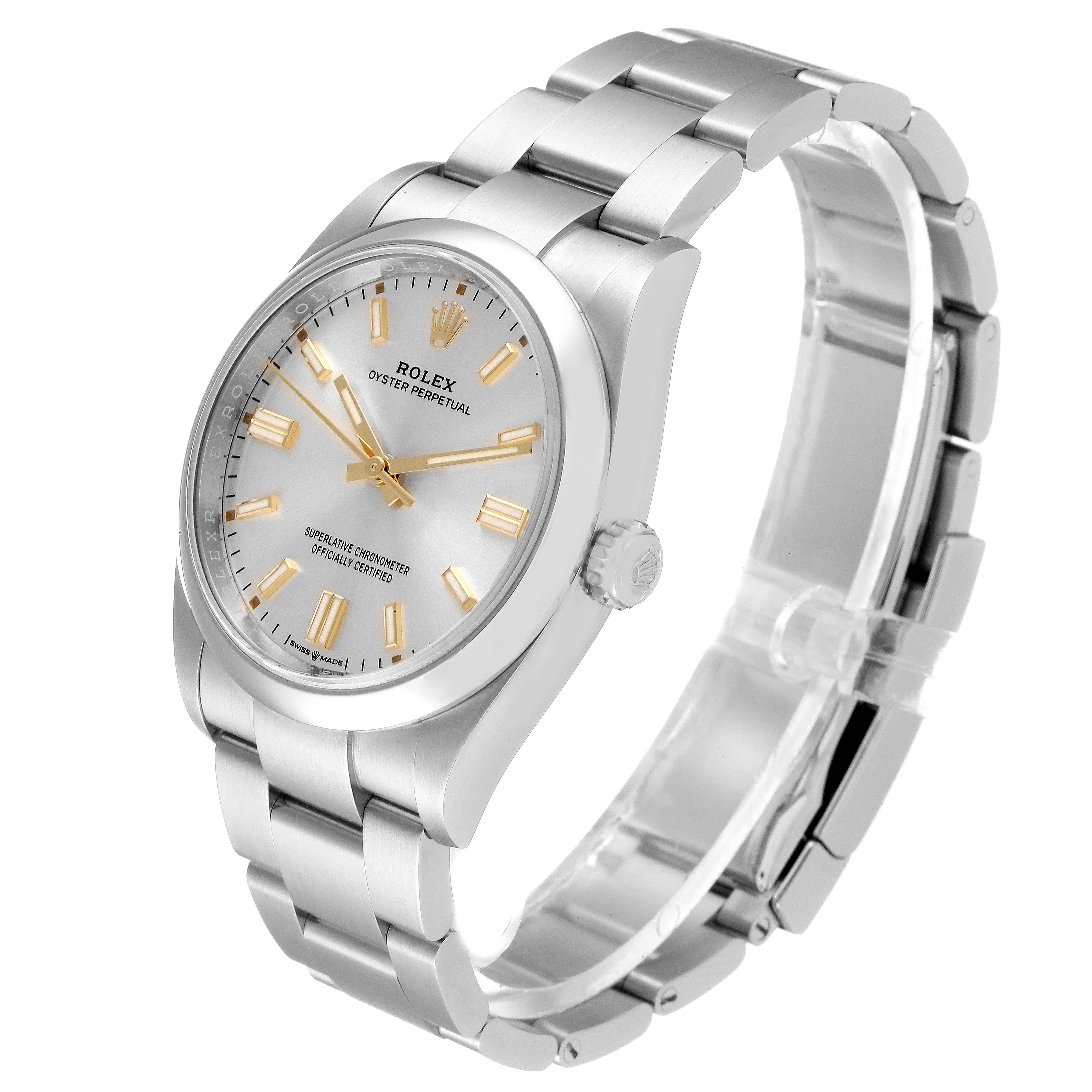 The Rolex Oyster Perpetual 126000 Men's Stainless Steel Silver Dial 126000 Men's Stainless Steel Silver Dial watch is shown at a three-quarter angle, displaying the dial, bracelet, and crown.