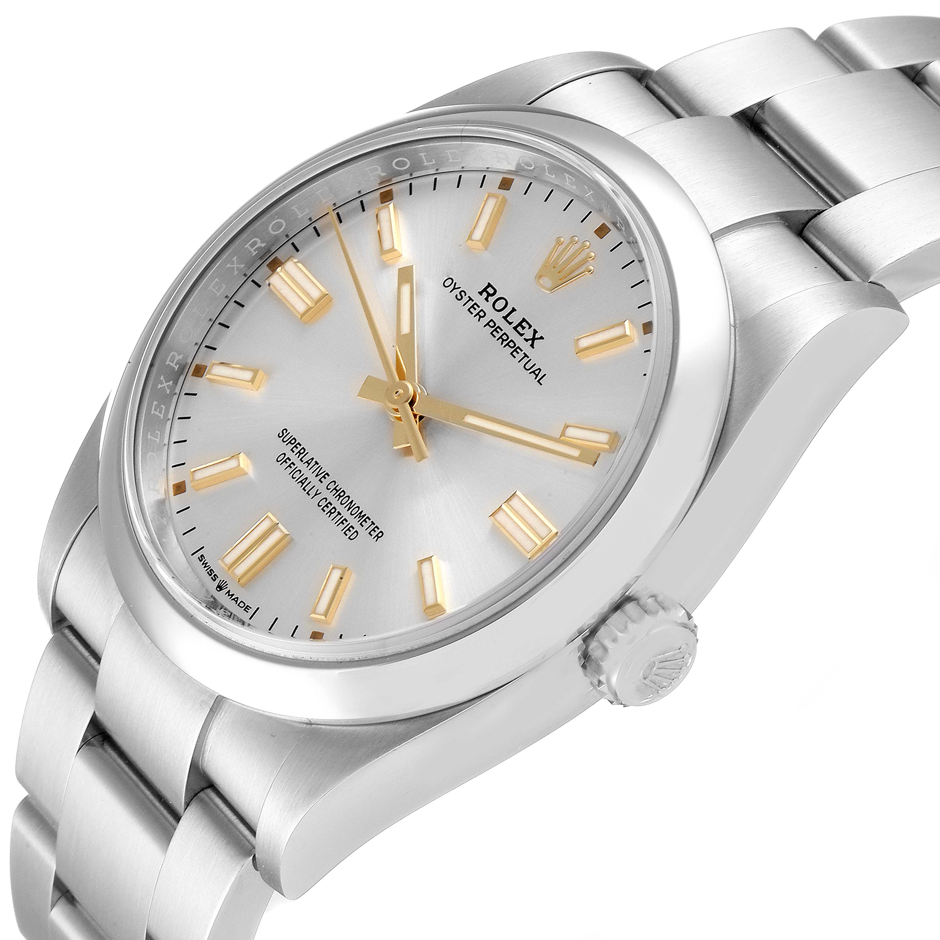 This image shows a Rolex Oyster Perpetual 126000 Men's Stainless Steel Silver Dial 126000 Men's Stainless Steel Silver Dial watch from an angled front view, displaying its dial, bracelet, and crown.