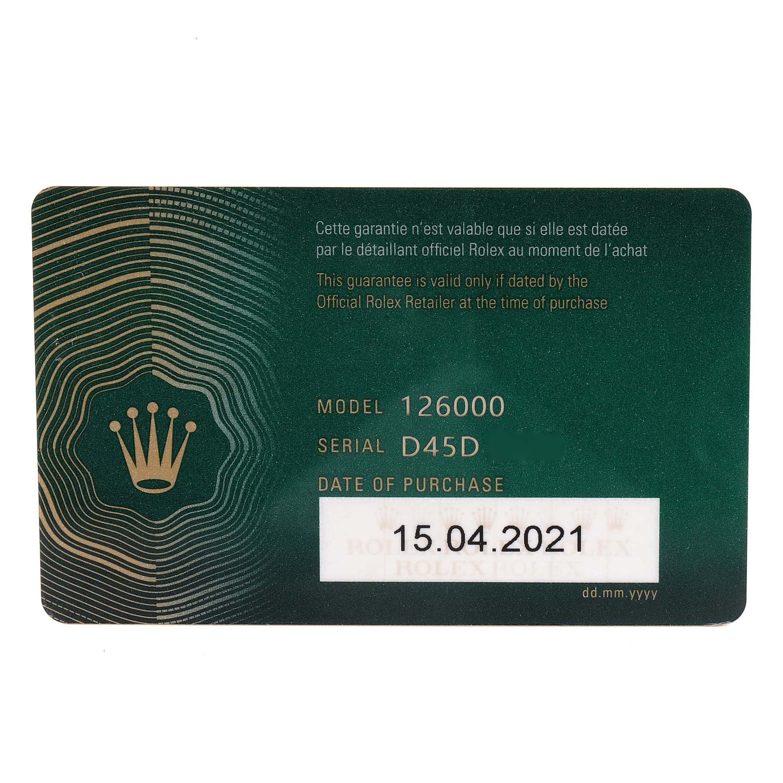 This image shows a warranty card for a Rolex Oyster Perpetual 126000 Men's Stainless Steel Silver Dial 126000 Men's Stainless Steel Silver Dial model 126000, detailing the serial number and date of purchase.