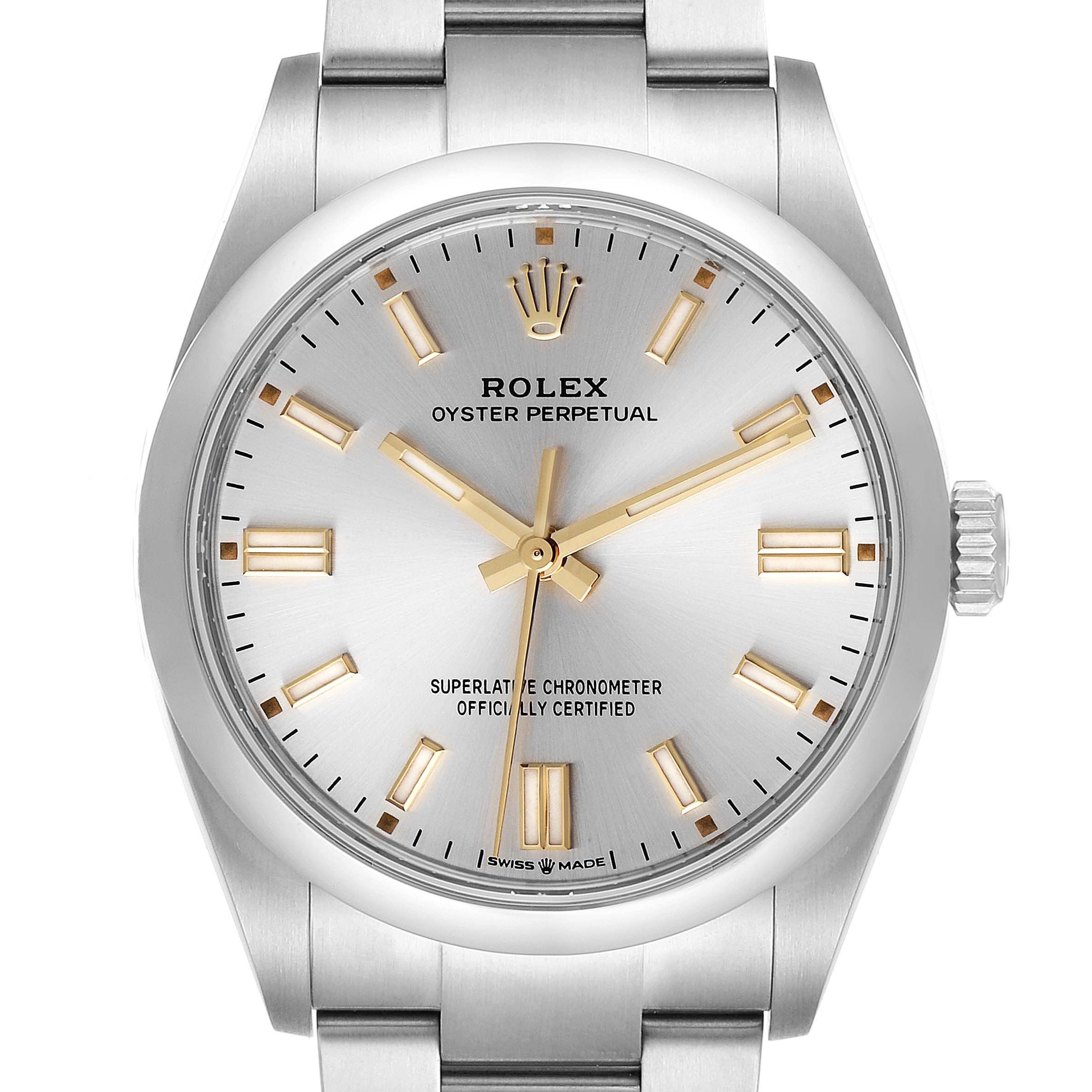 This image shows a Rolex Oyster Perpetual 126000 Men's Stainless Steel Silver Dial 126000 Men's Stainless Steel Silver Dial watch from a straight-on angle, highlighting its dial, hands, bezel, and bracelet.