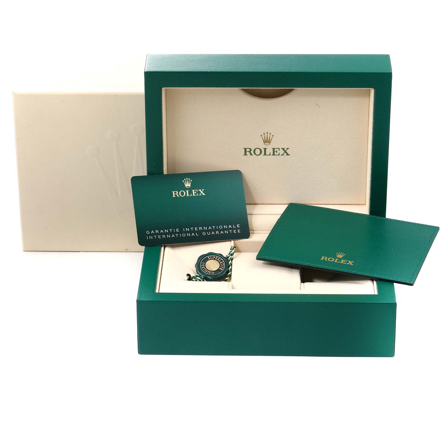 The image shows a Rolex Oyster Perpetual 126000 Men's Stainless Steel Silver Dial 126000 Men's Stainless Steel Silver Dial box with warranty cards, tags, and booklets.