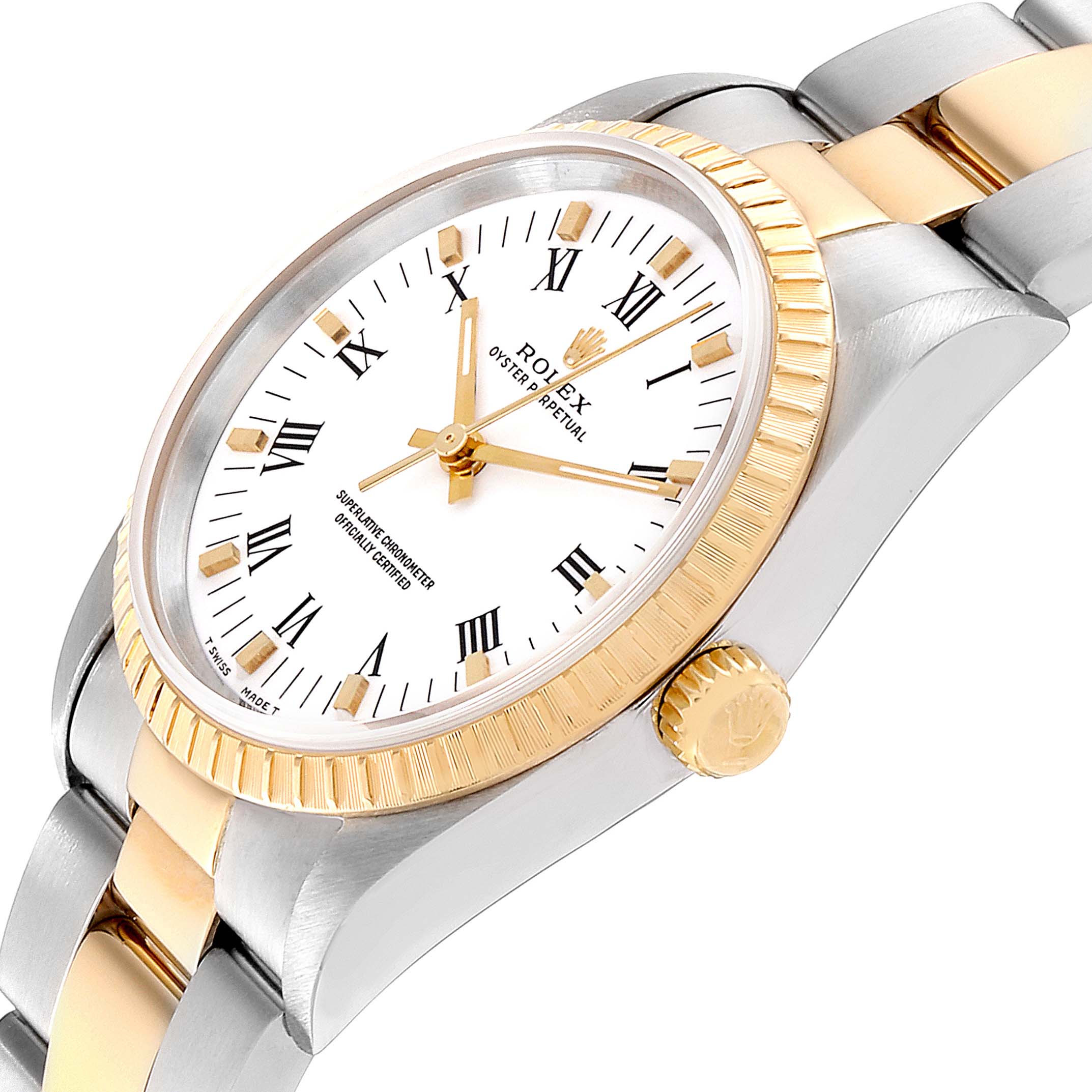 This image shows a Rolex Oyster Perpetual 14203 Men's Steel and Gold (two tone) White Dial 14203 Men's Steel and Gold (two tone) White Dial watch angled to display the face, crown, and part of the two-tone bracelet.