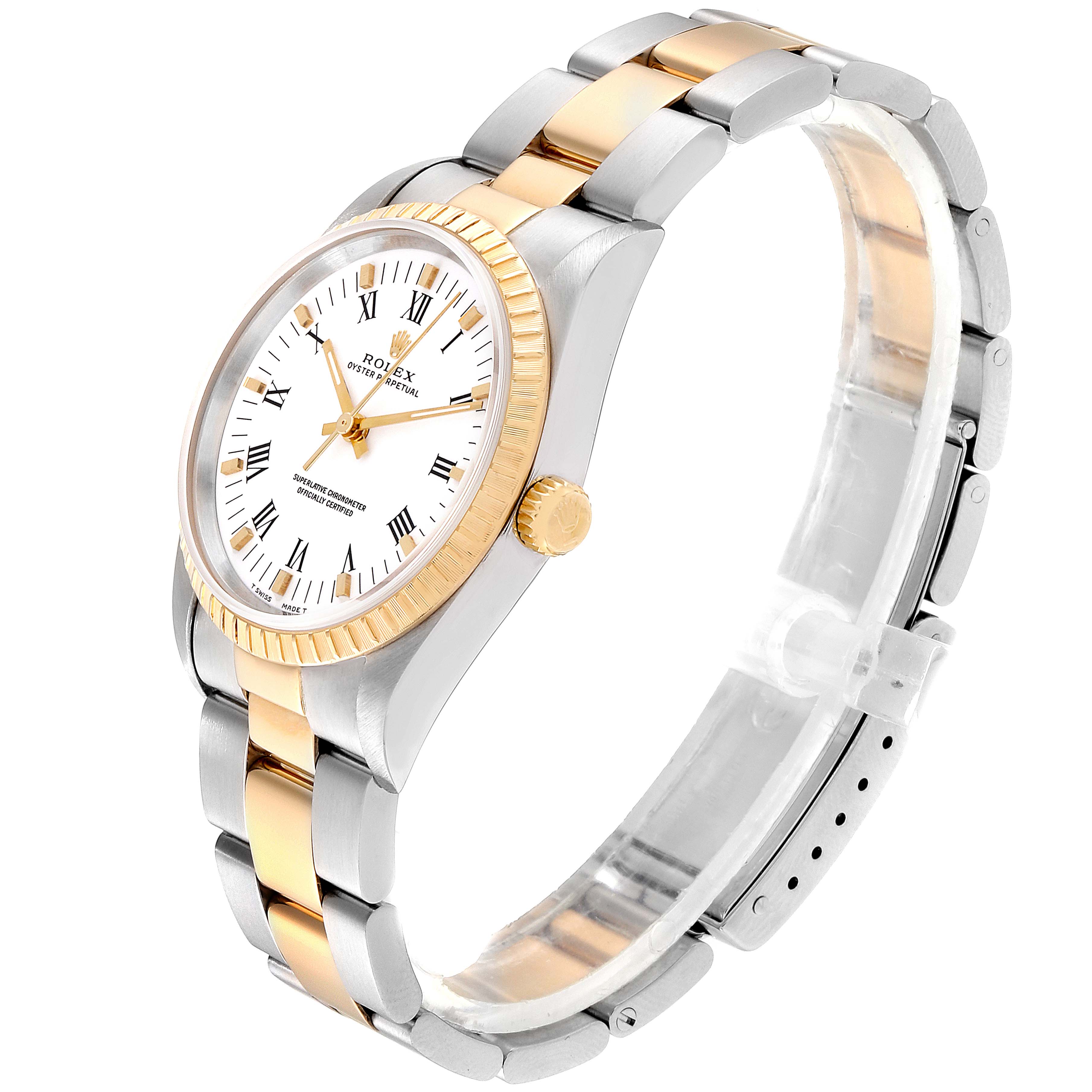 The image shows a side angle of a Rolex Oyster Perpetual 14203 Men's Steel and Gold (two tone) White Dial 14203 Men's Steel and Gold (two tone) White Dial watch, highlighting the bezel, dial, crown, and two-tone bracelet.