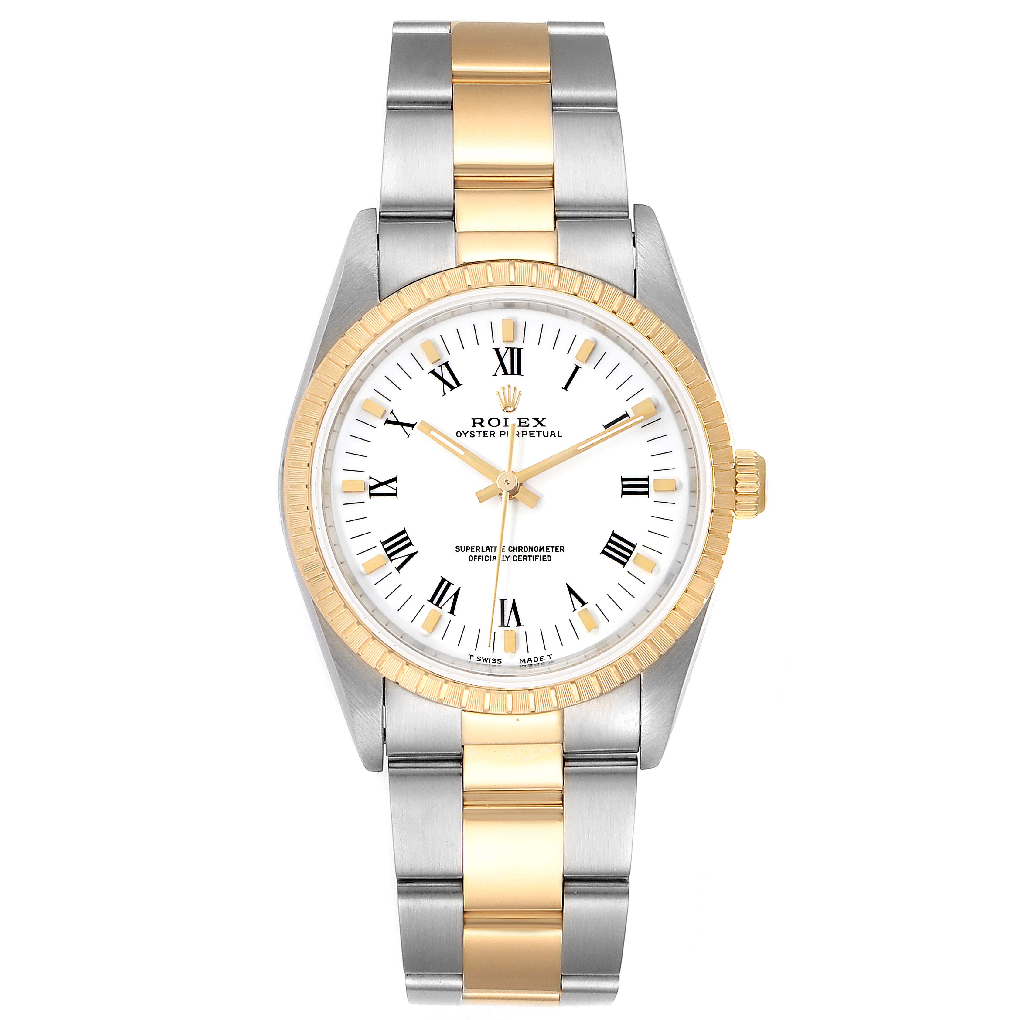 The image shows a front view of a Rolex Oyster Perpetual 14203 Men's Steel and Gold (two tone) White Dial 14203 Men's Steel and Gold (two tone) White Dial watch, highlighting its two-tone bracelet and white dial with Roman numerals.