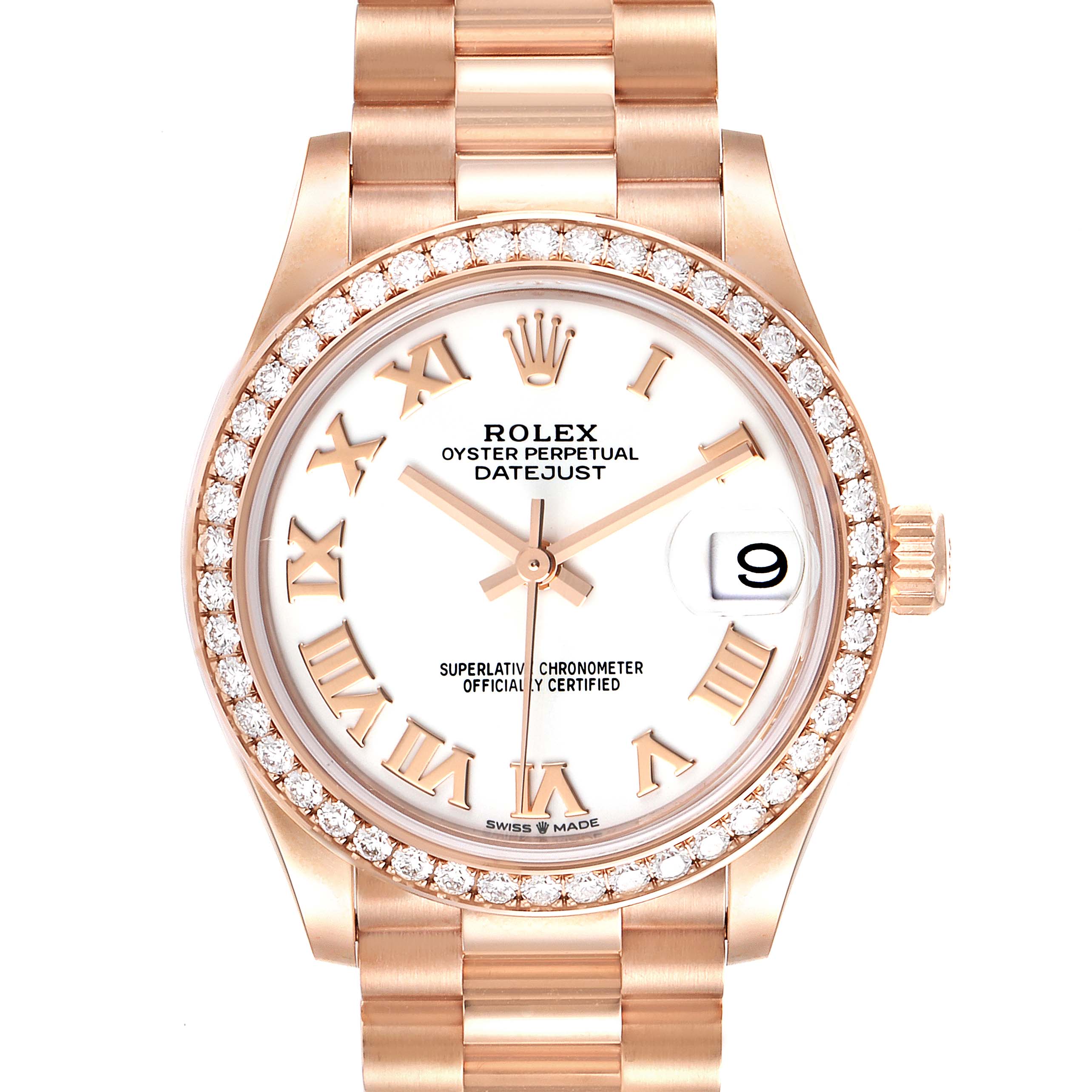 The image shows a front view of a Rolex President 278285 Women's Rose Gold White Dial 278285 Women's Rose Gold White Dial Datejust watch featuring a gold band and diamond-encrusted bezel.