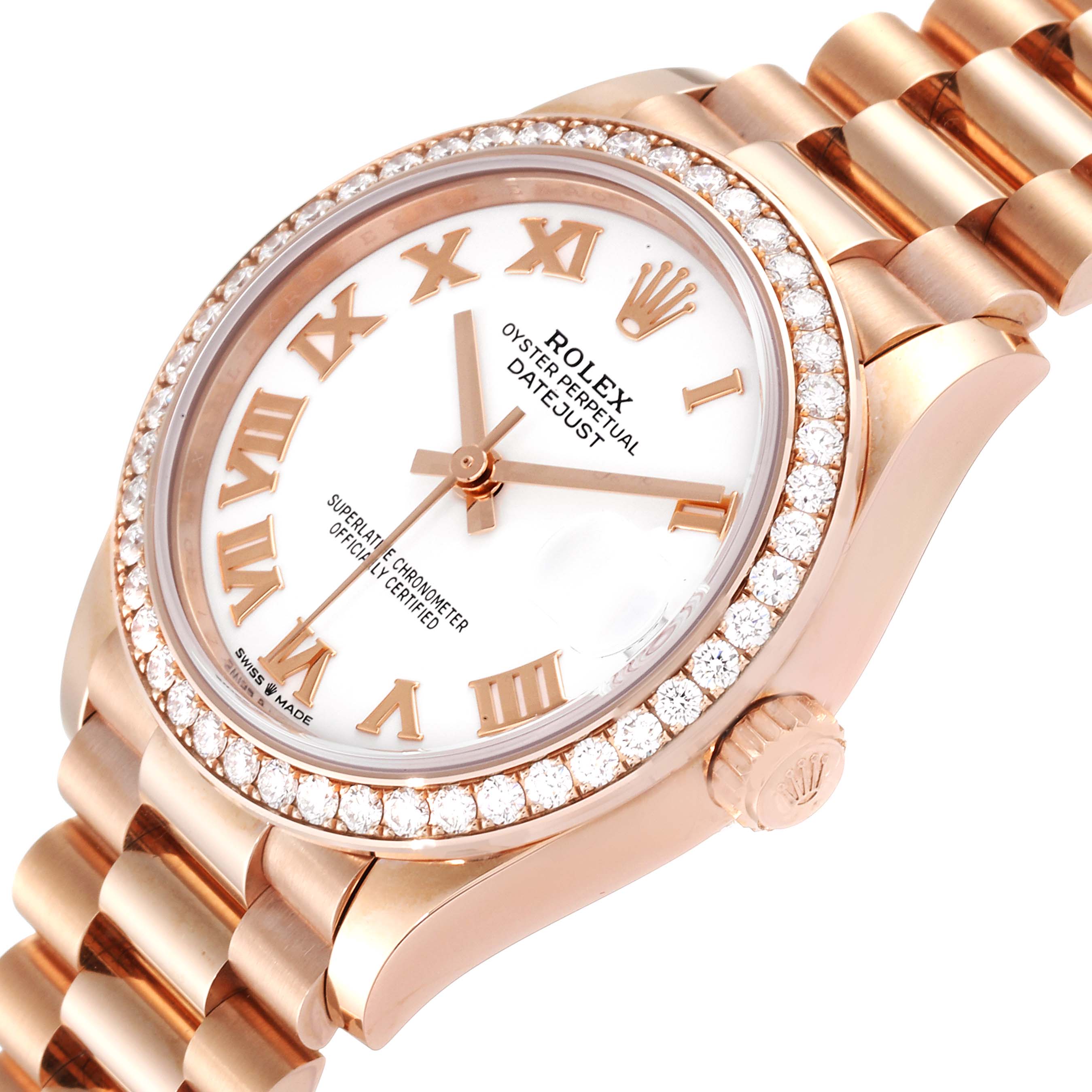 The image shows a close-up angle of the Rolex President 278285 Women's Rose Gold White Dial 278285 Women's Rose Gold White Dial watch, highlighting its face, bezel, and part of the bracelet.