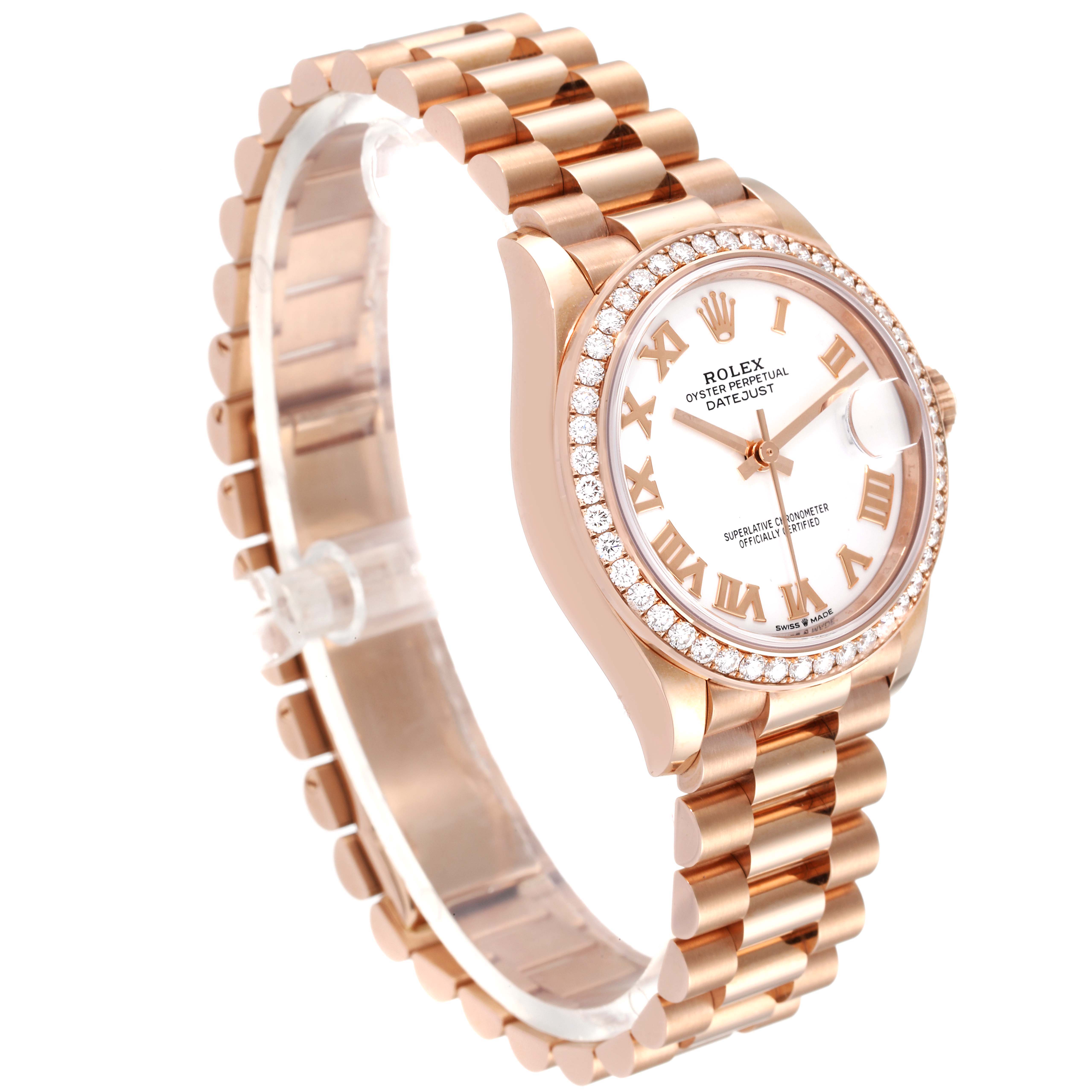 This image shows a Rolex President 278285 Women's Rose Gold White Dial 278285 Women's Rose Gold White Dial model watch angled from the front-left, highlighting the bezel, bracelet, and dial.