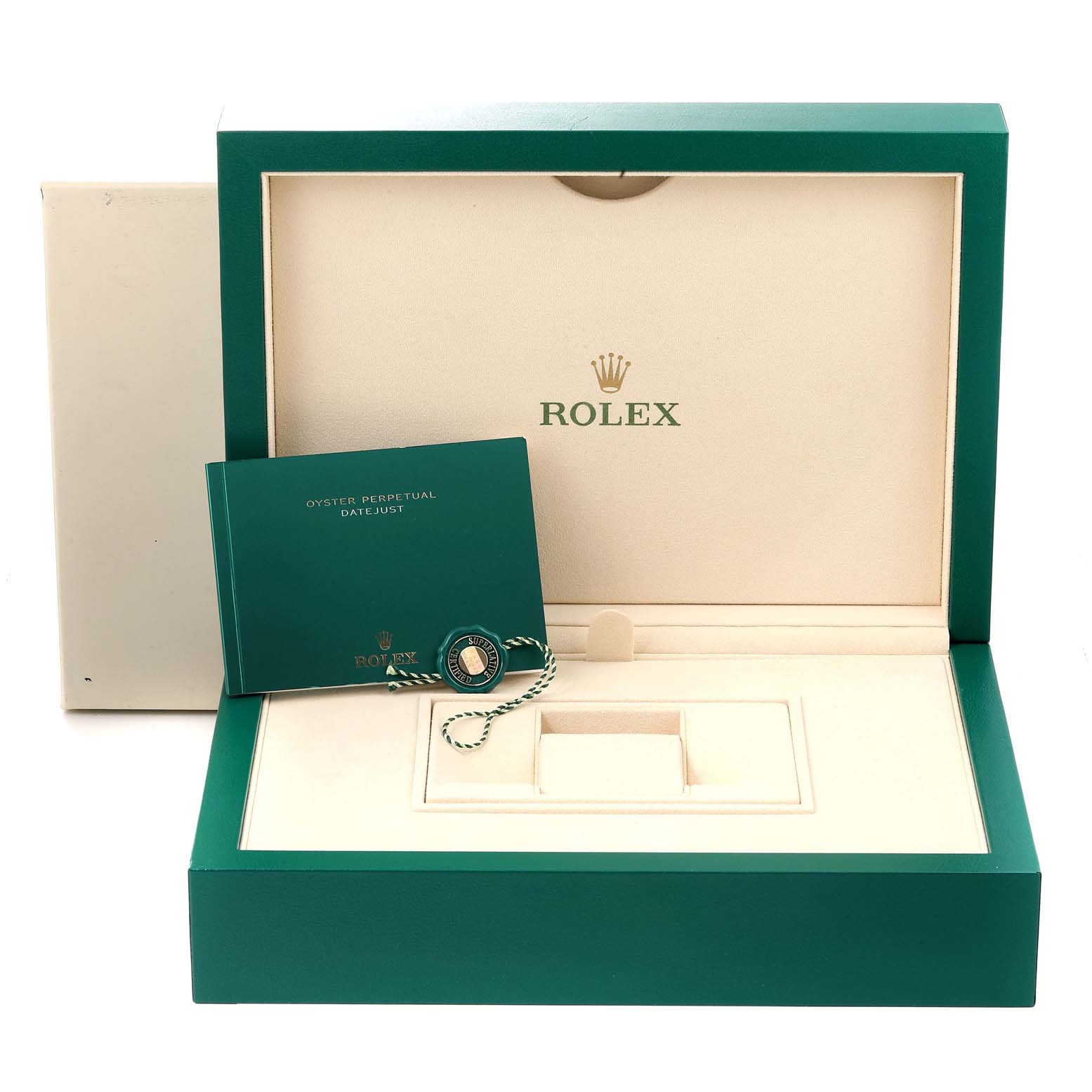 The image shows the packaging and accessories of a Rolex President 278285 Women's Rose Gold White Dial 278285 Women's Rose Gold White Dial model watch, including a booklet and box.