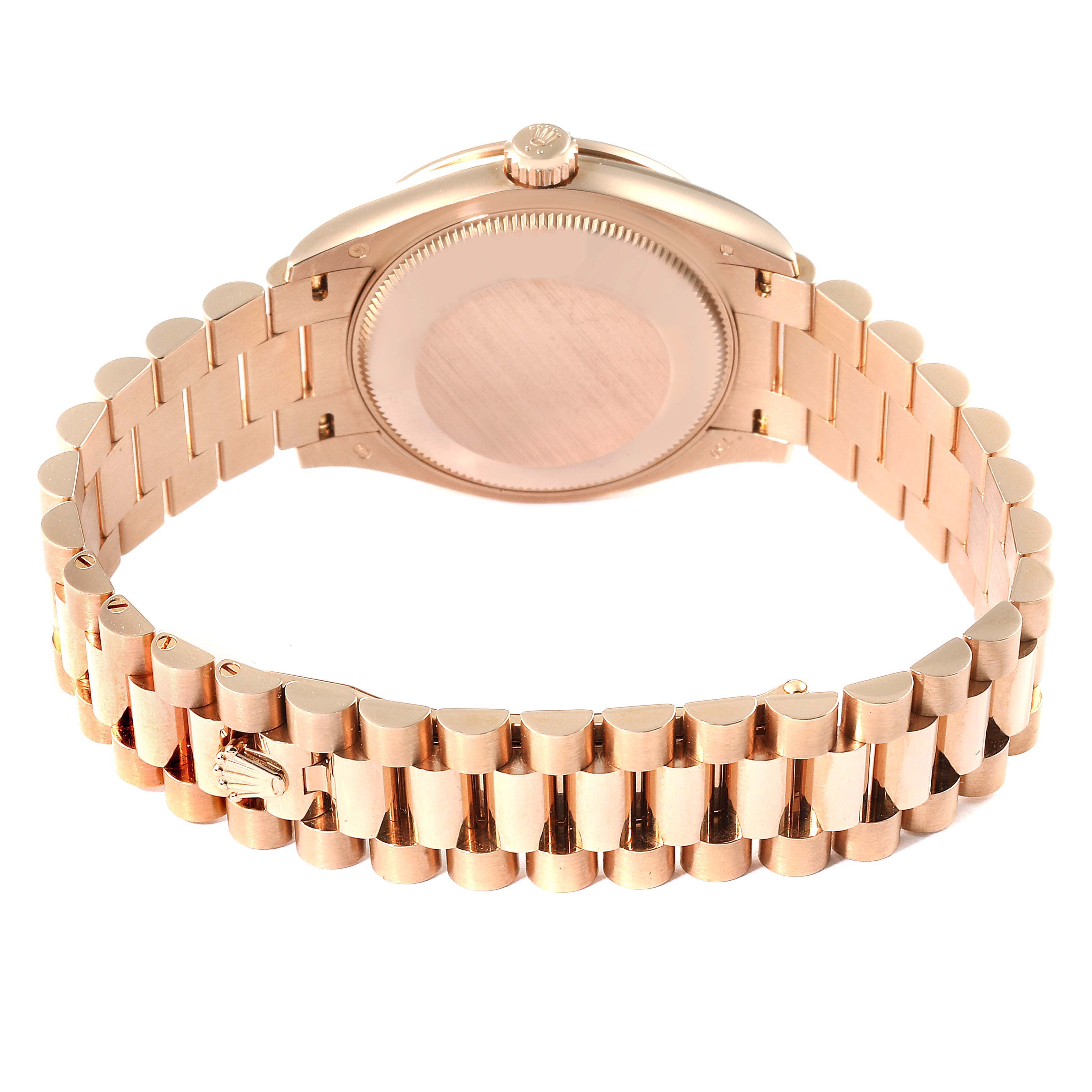 This image shows the back view of a Rolex President 278285 Women's Rose Gold White Dial 278285 Women's Rose Gold White Dial model watch, focusing on its case back and bracelet.