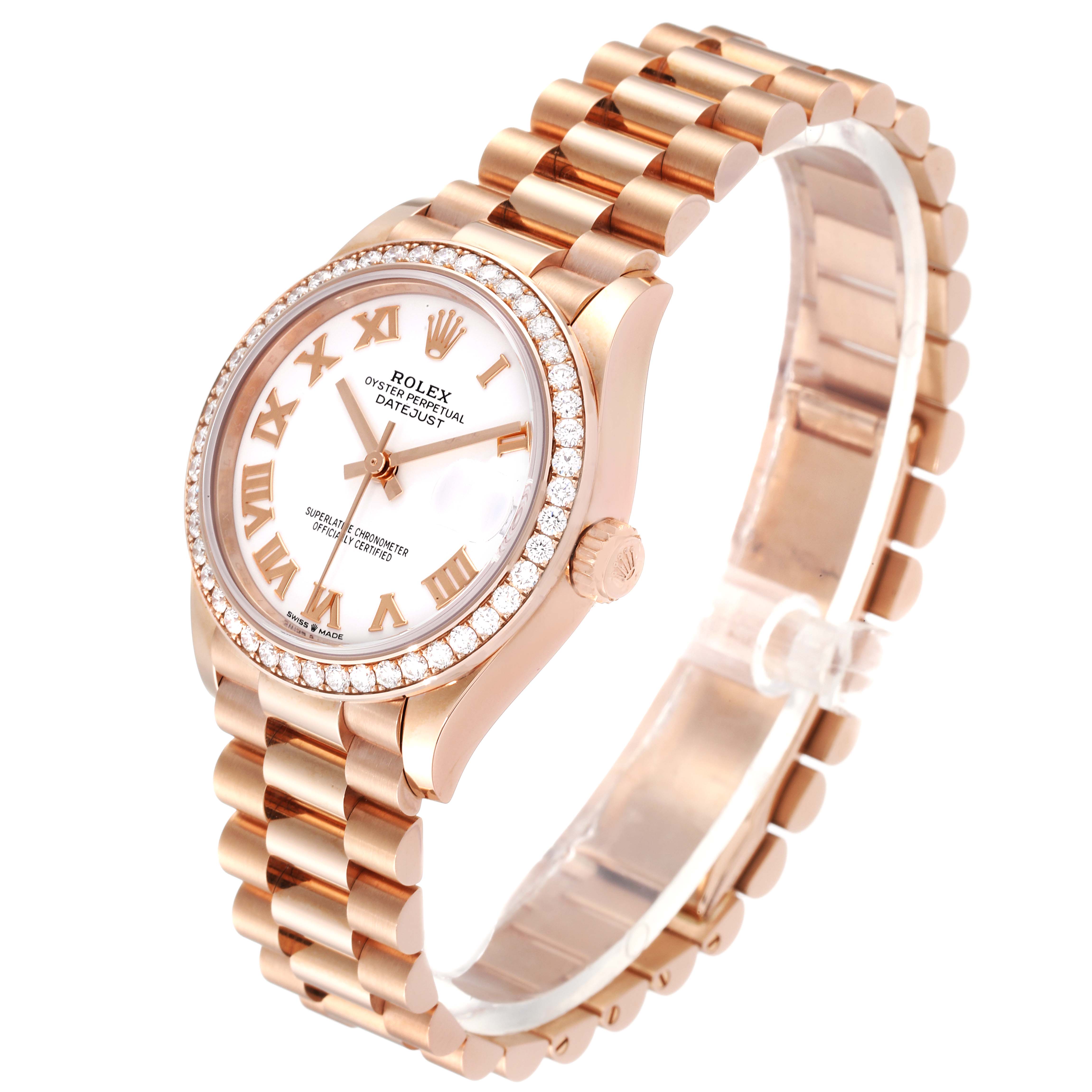 The image shows a Rolex President 278285 Women's Rose Gold White Dial 278285 Women's Rose Gold White Dial model watch at an angle highlighting the face, bezel, and bracelet.