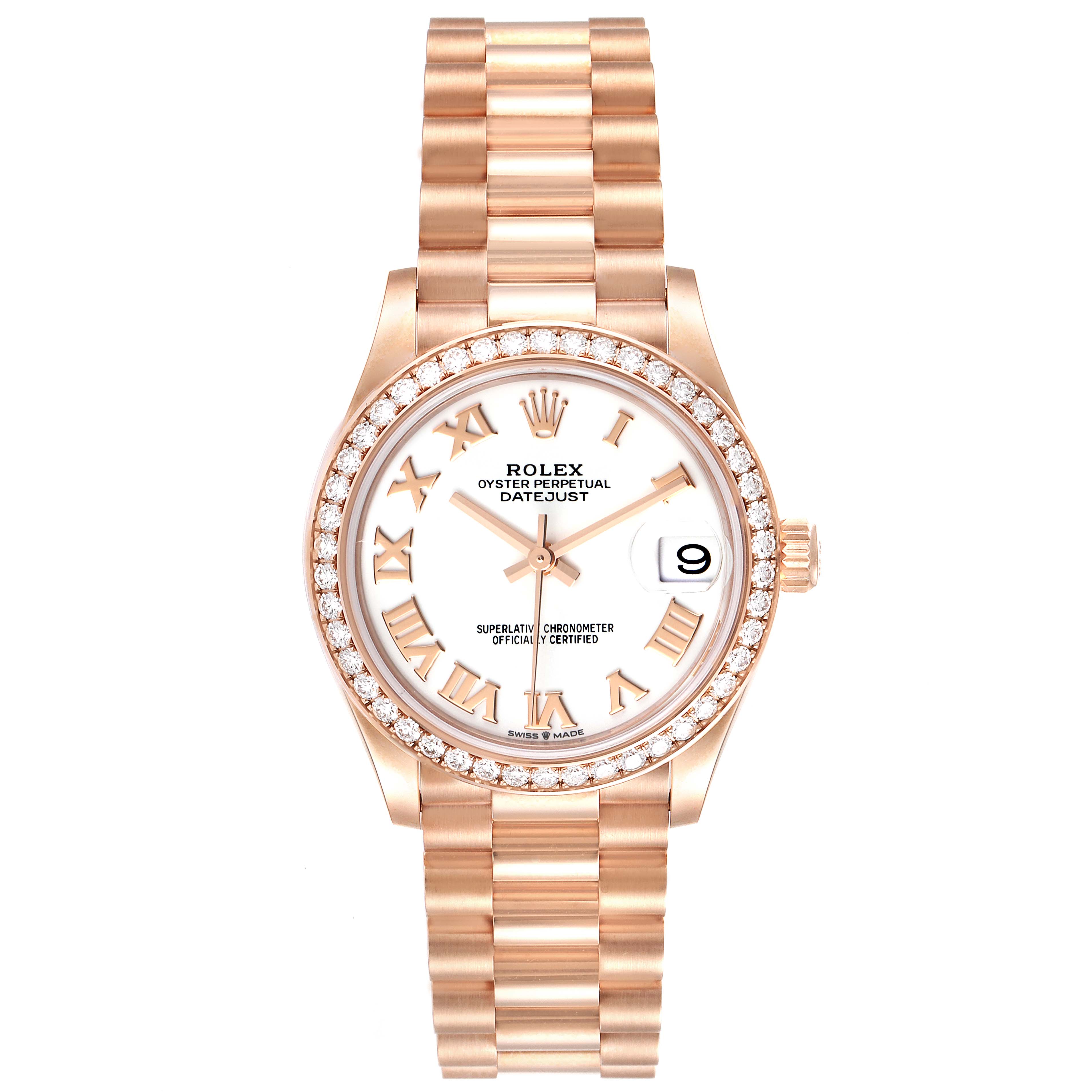 The Rolex President 278285 Women's Rose Gold White Dial 278285 Women's Rose Gold White Dial model watch is shown from a top-down angle, displaying its dial, date window, bezel, and bracelet.