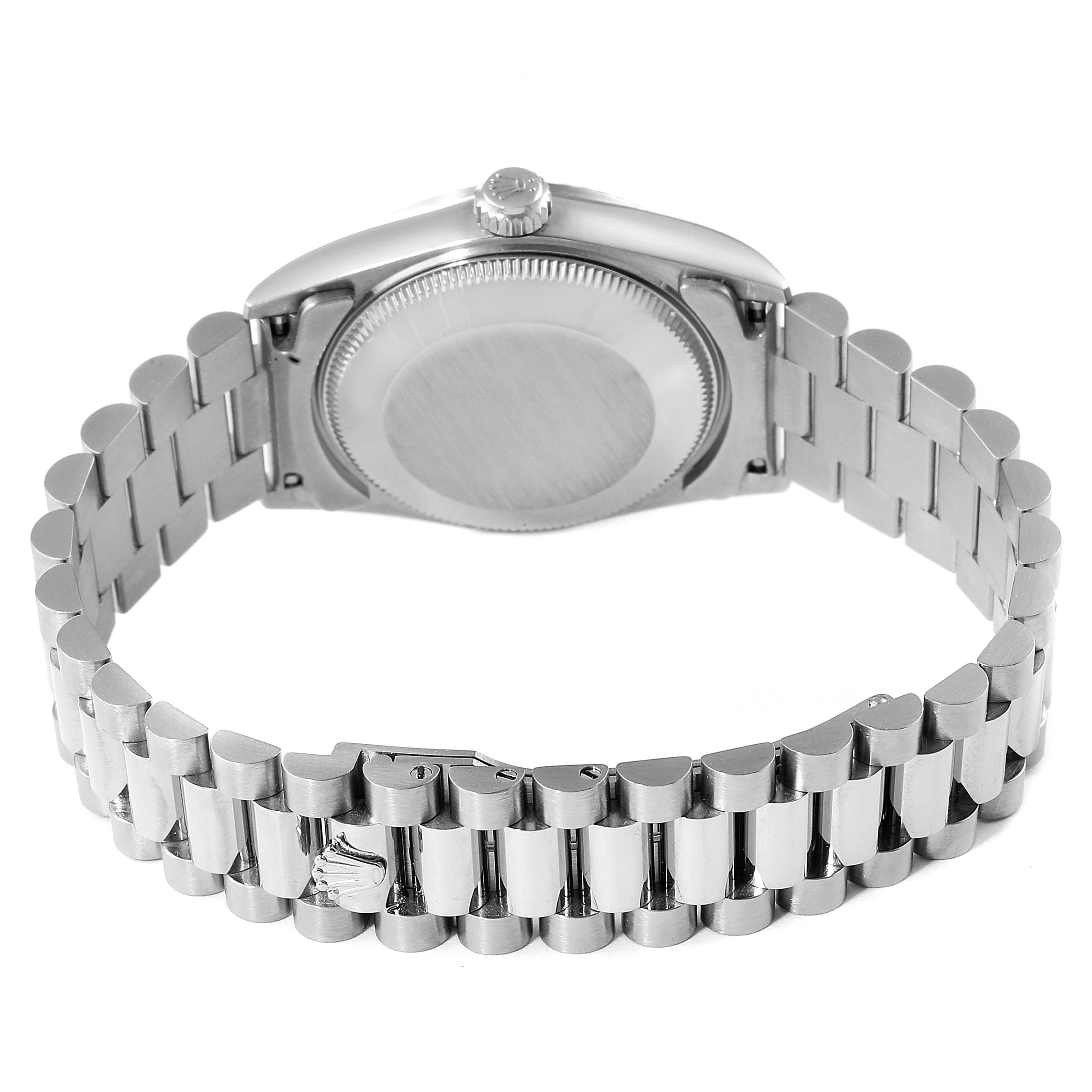 The image shows the back case and bracelet of a Rolex President 68279 Women
s White Gold Silver Dial 68279 Women
s White Gold Silver Dial model watch, viewed from a rear angle.