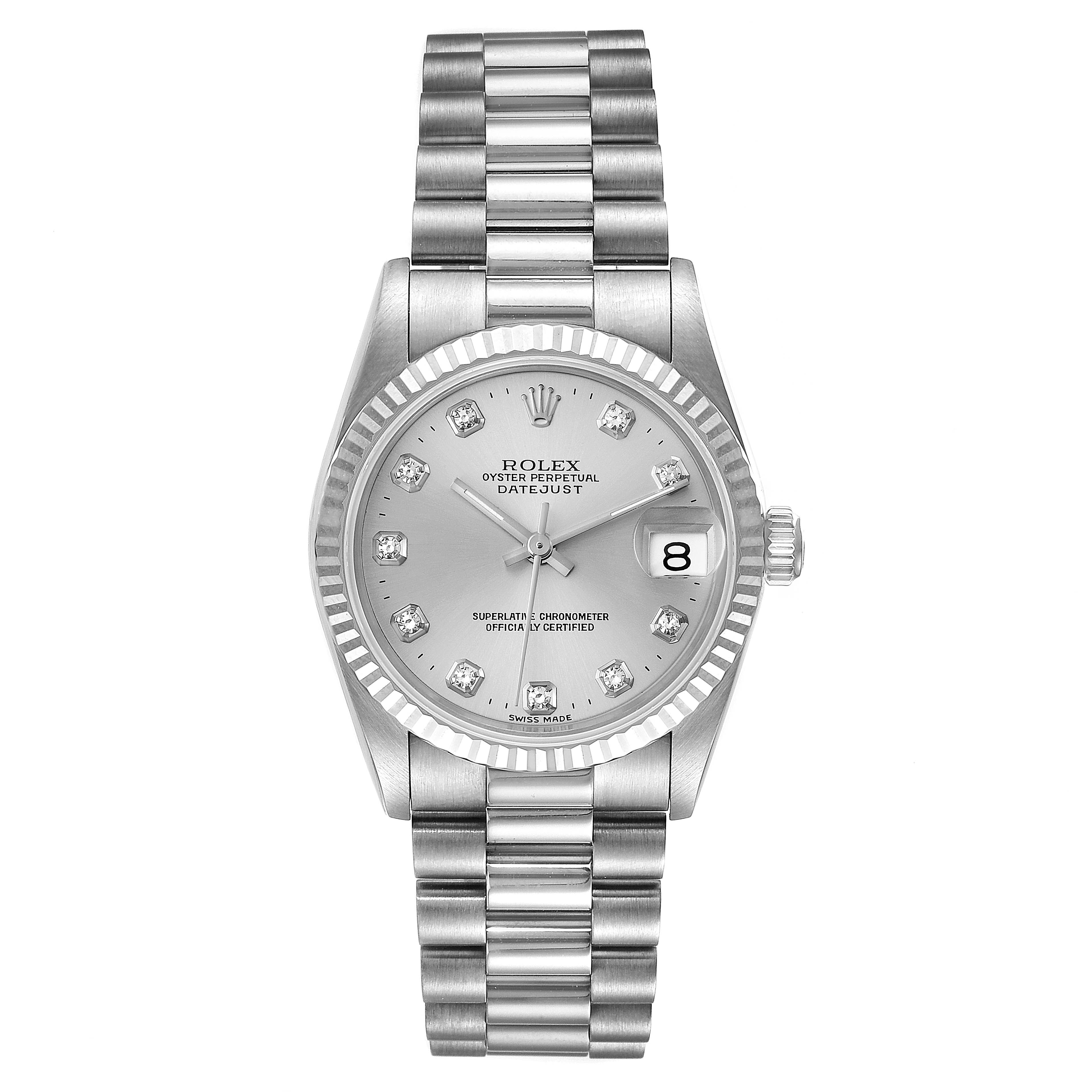The image shows a front view of a Rolex President 68279 Women
s White Gold Silver Dial 68279 Women
s White Gold Silver Dial model watch, displaying its face, bezel, and bracelet.