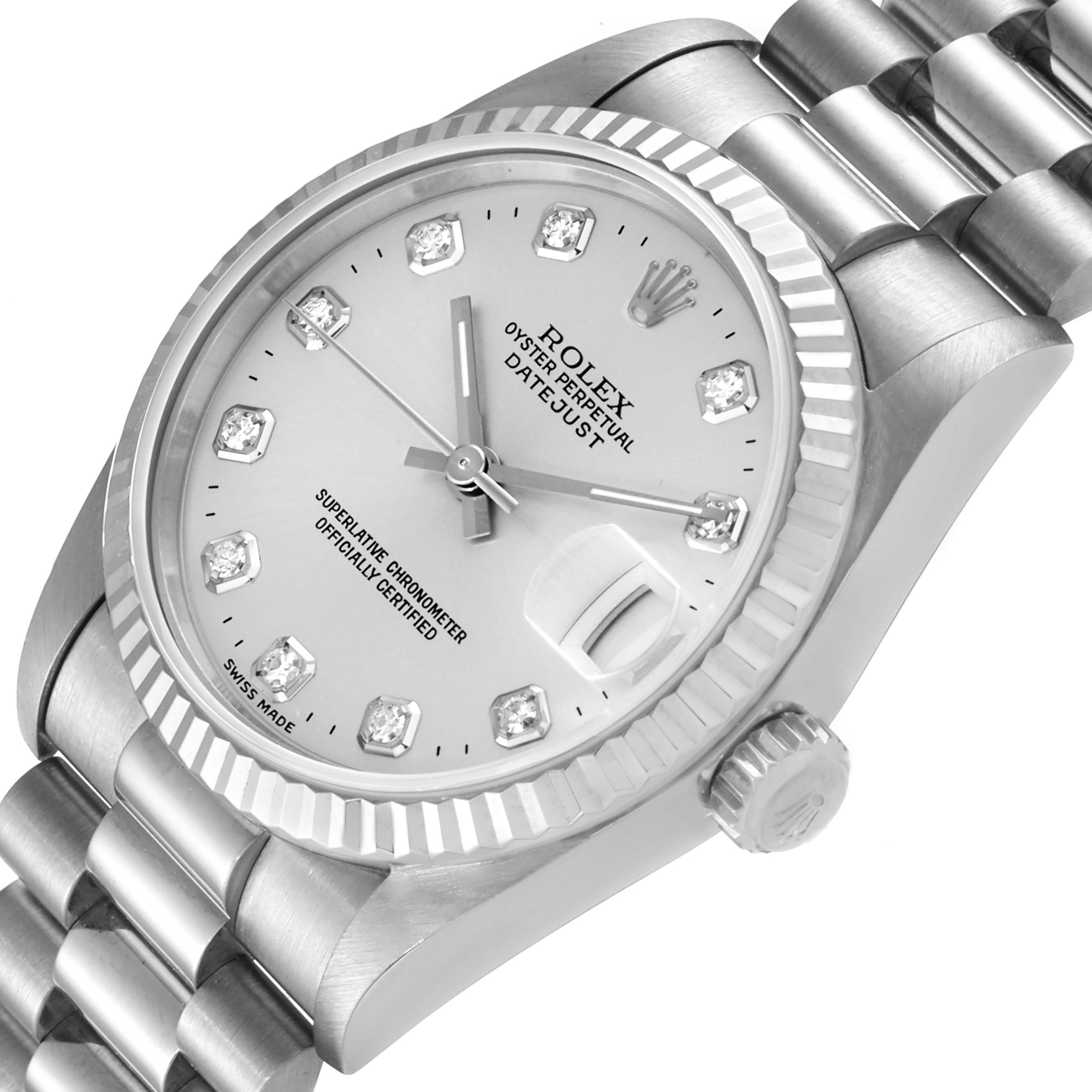The image shows an angled close-up view of the face and bracelet of a Rolex President 68279 Women
s White Gold Silver Dial 68279 Women
s White Gold Silver Dial model watch.