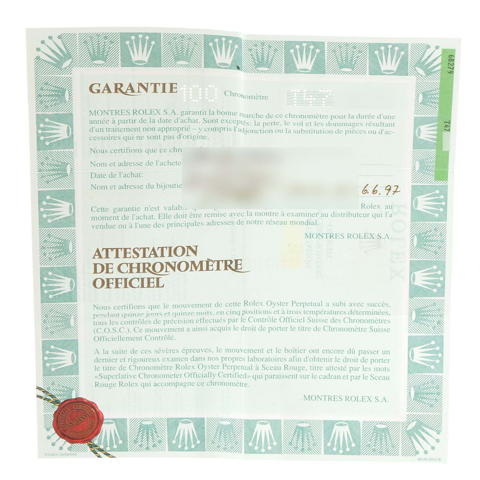 The image shows a warranty certificate for the Rolex President 68279 Women
s White Gold Silver Dial 68279 Women
s White Gold Silver Dial model.