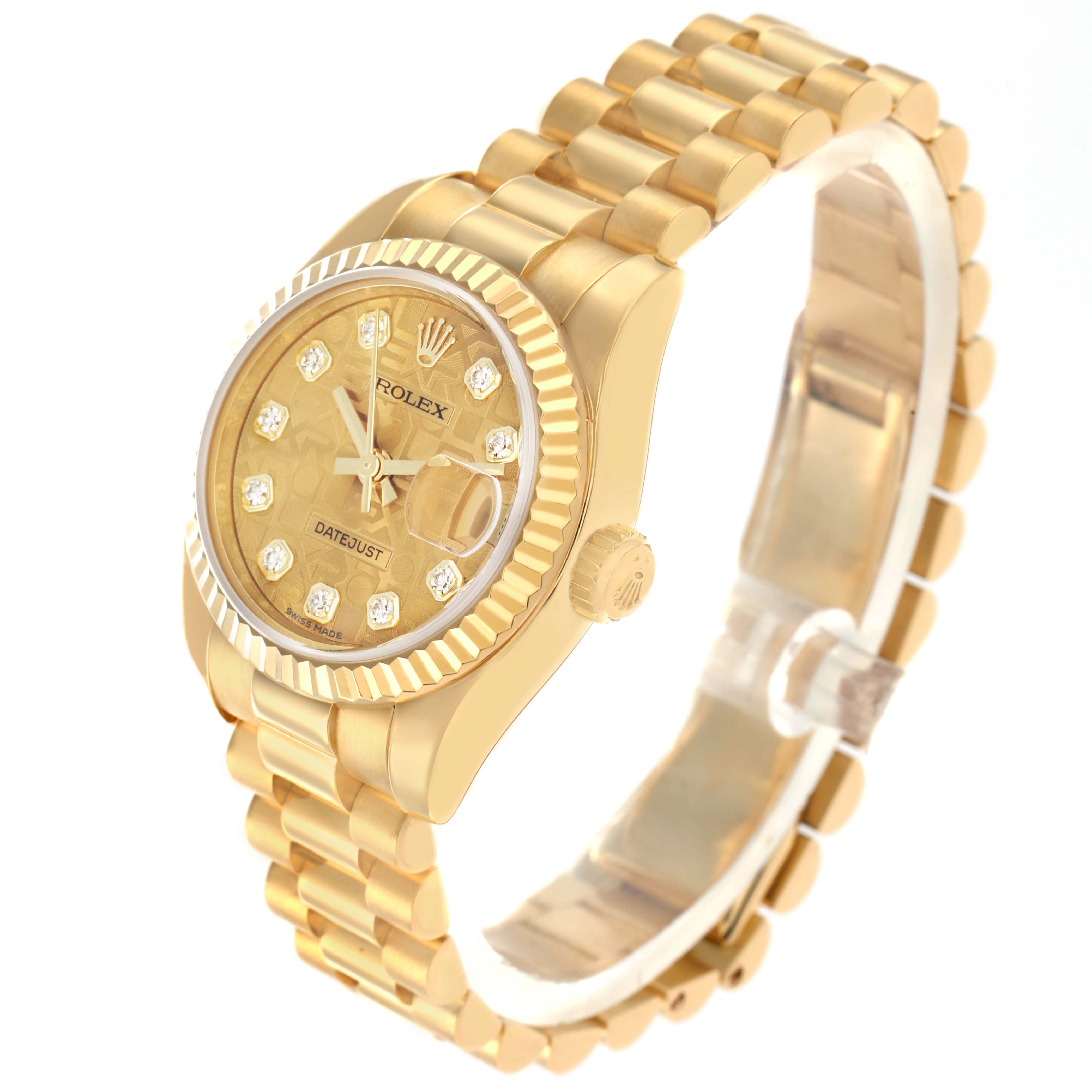 The Rolex President 179178 Women
s Yellow Gold Champagne Dial model is shown at a three-quarter angle, highlighting its gold case, fluted bezel, diamond markers, and bracelet.