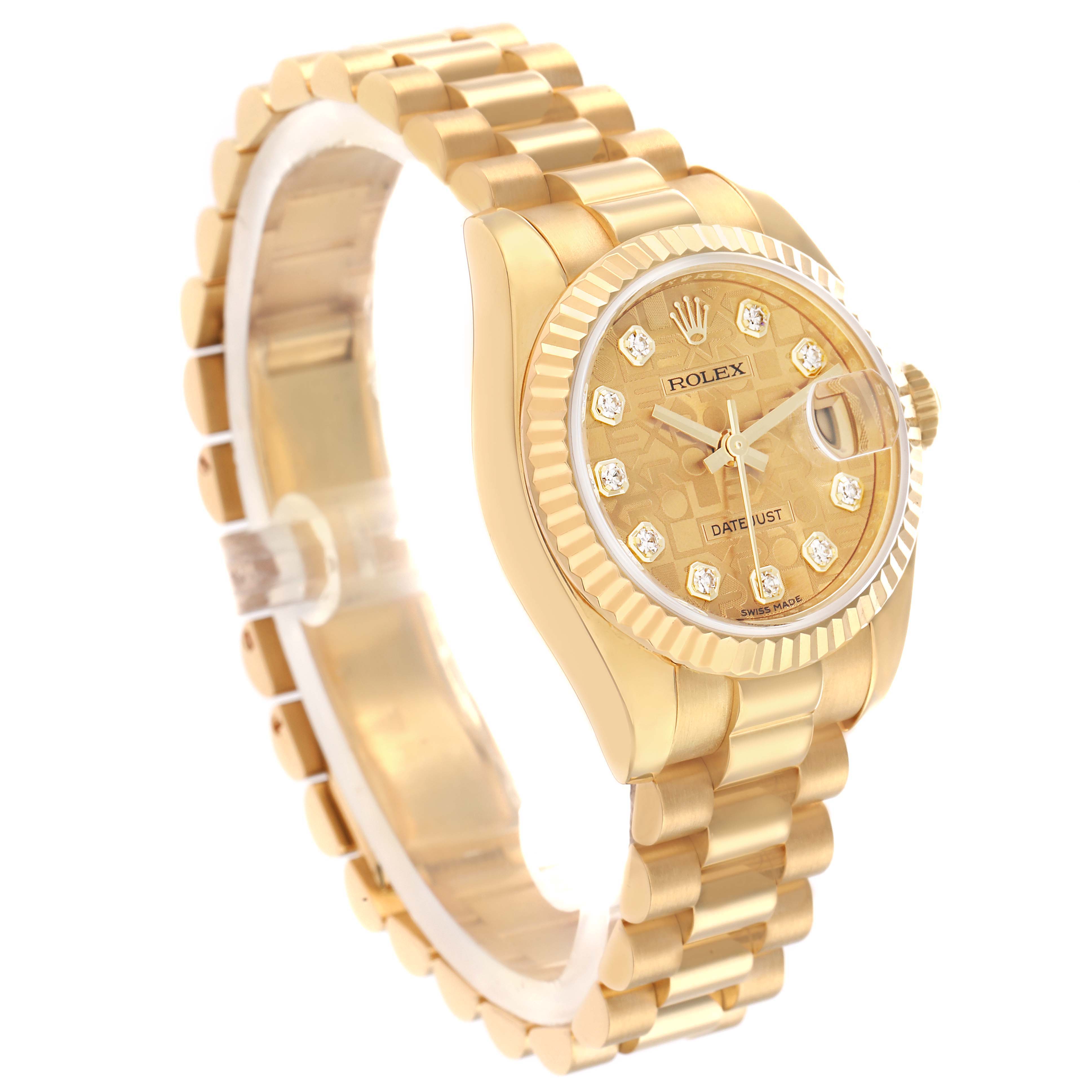 The Rolex President 179178 Women
s Yellow Gold Champagne Dial model watch is shown at an oblique angle, highlighting the face, bezel, crown, and bracelet.