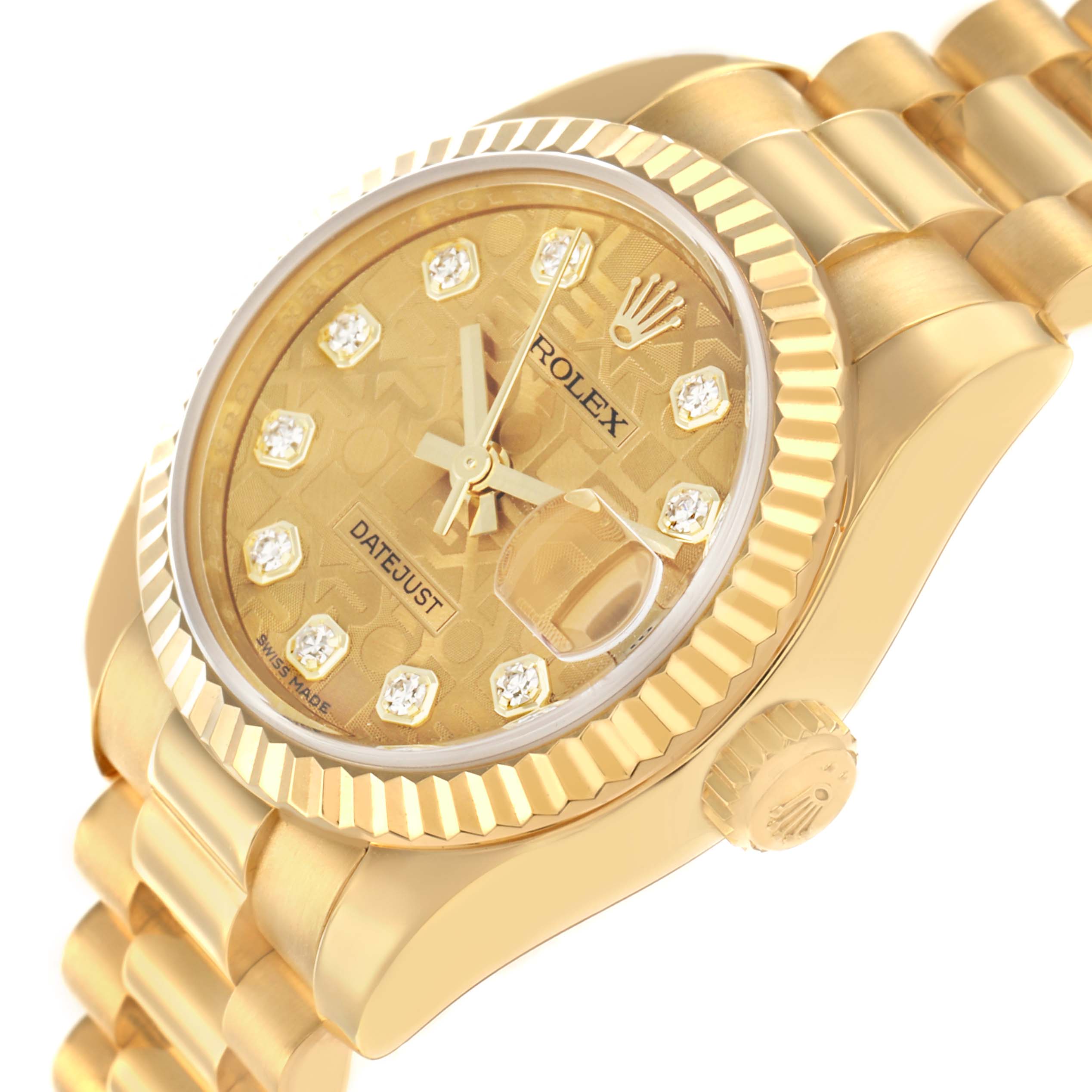 The Rolex President 179178 Women
s Yellow Gold Champagne Dial model is shown at an angled side view, highlighting the dial, bezel, crown, and part of the bracelet.