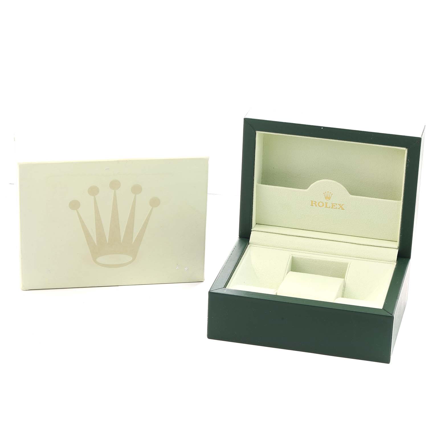 The image shows a Rolex President 179178 Women
s Yellow Gold Champagne Dial model watch box and outer packaging, displayed at an angle revealing the interior and logo.