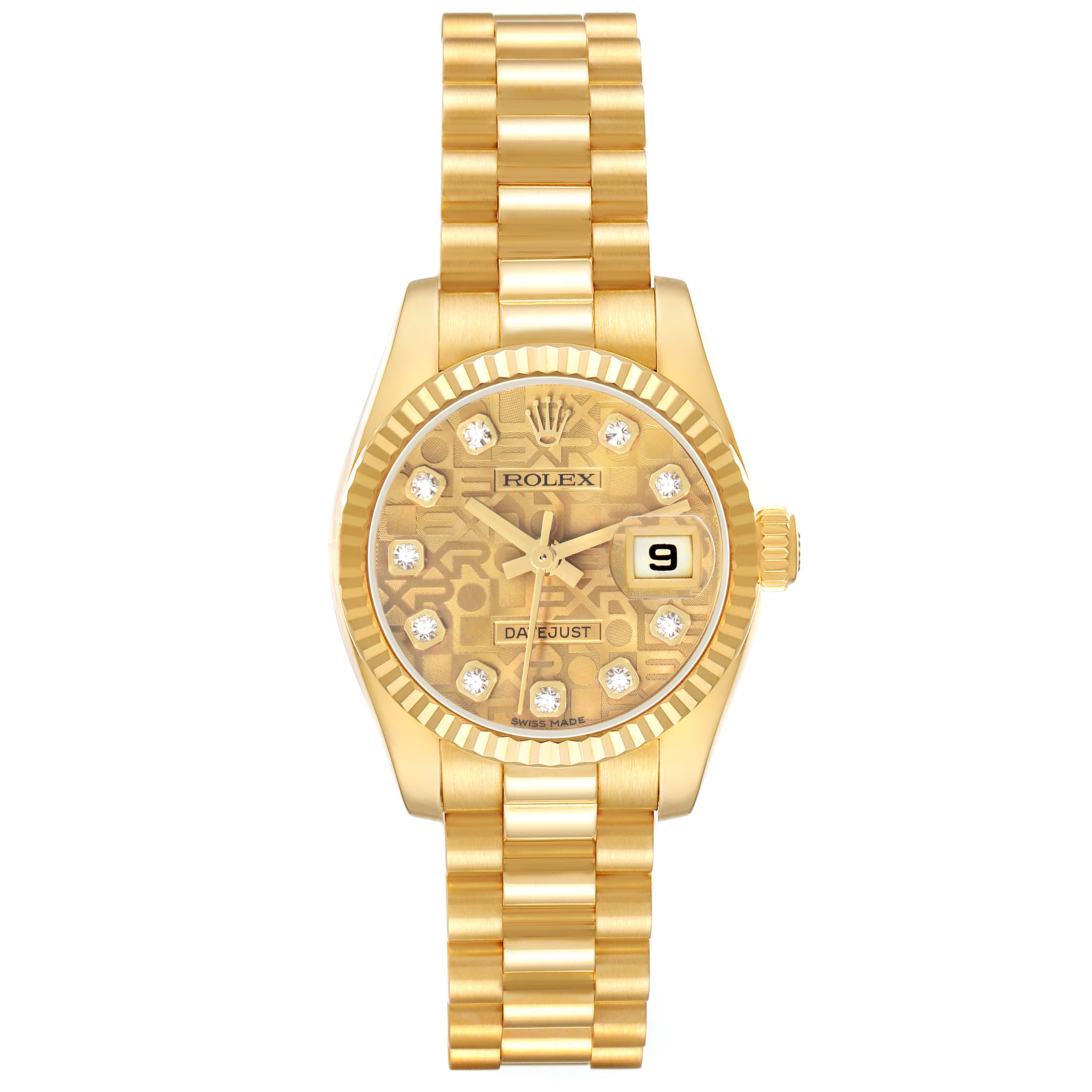 The Rolex President 179178 Women
s Yellow Gold Champagne Dial model is shown from a top-down angle, highlighting the dial, bezel, crown, and bracelet.
