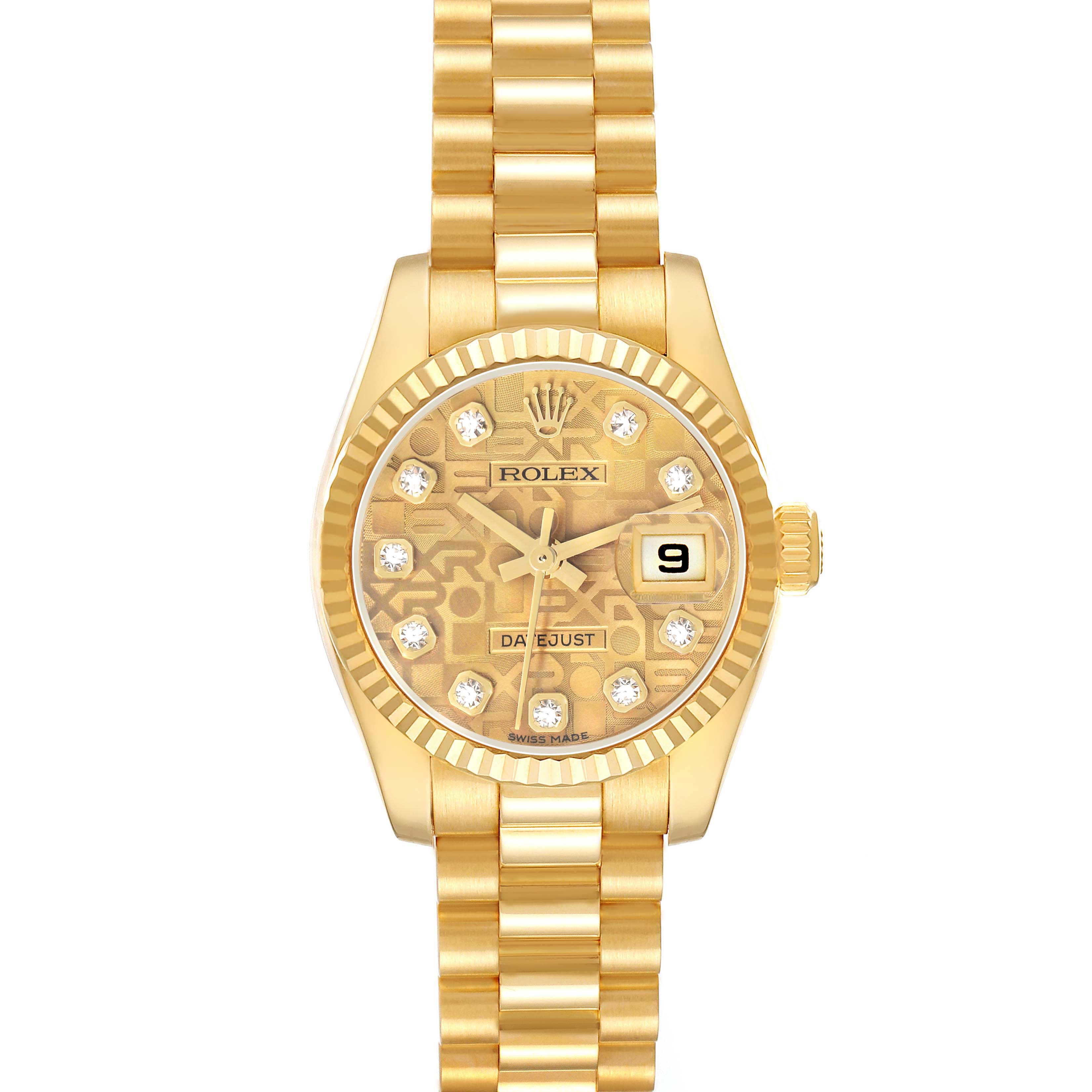 The Rolex President 179178 Women
s Yellow Gold Champagne Dial model is shown from a front angle, displaying its gold bracelet, fluted bezel, and diamond-set dial.