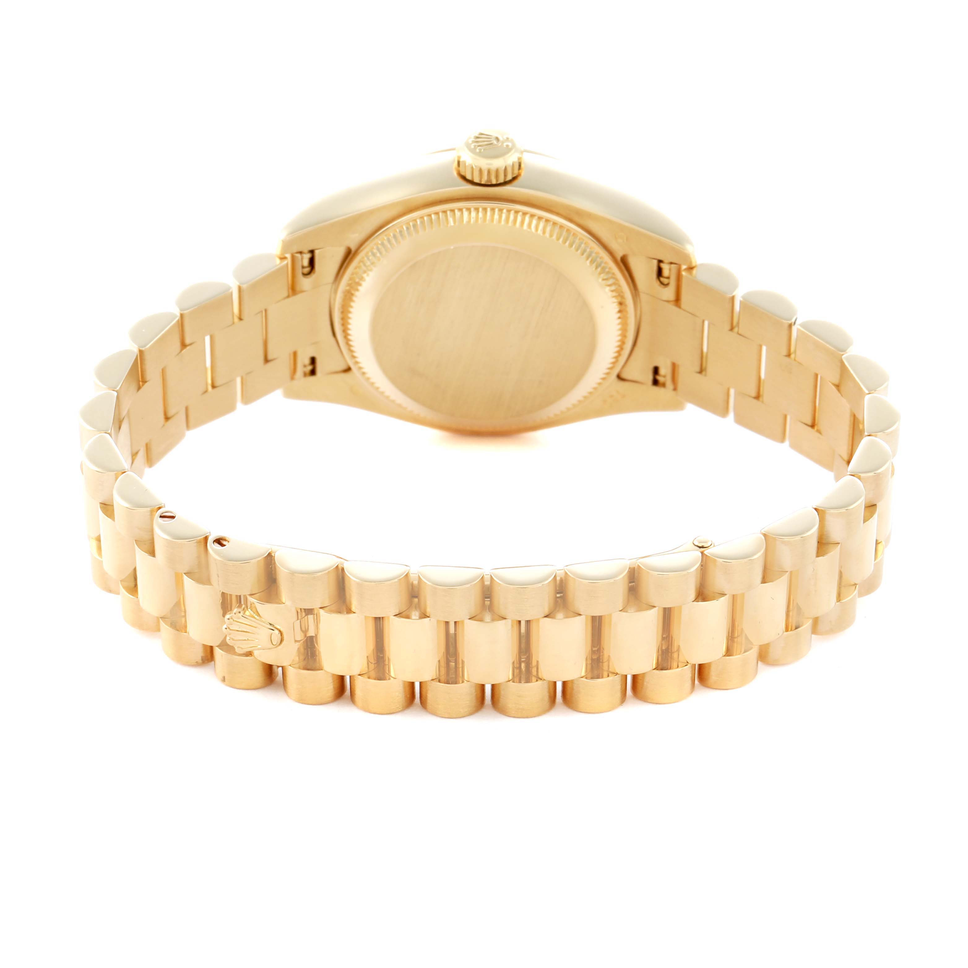 The Rolex President 179178 Women
s Yellow Gold Champagne Dial watch is shown from the back, highlighting the gold case, bracelet, and crown.