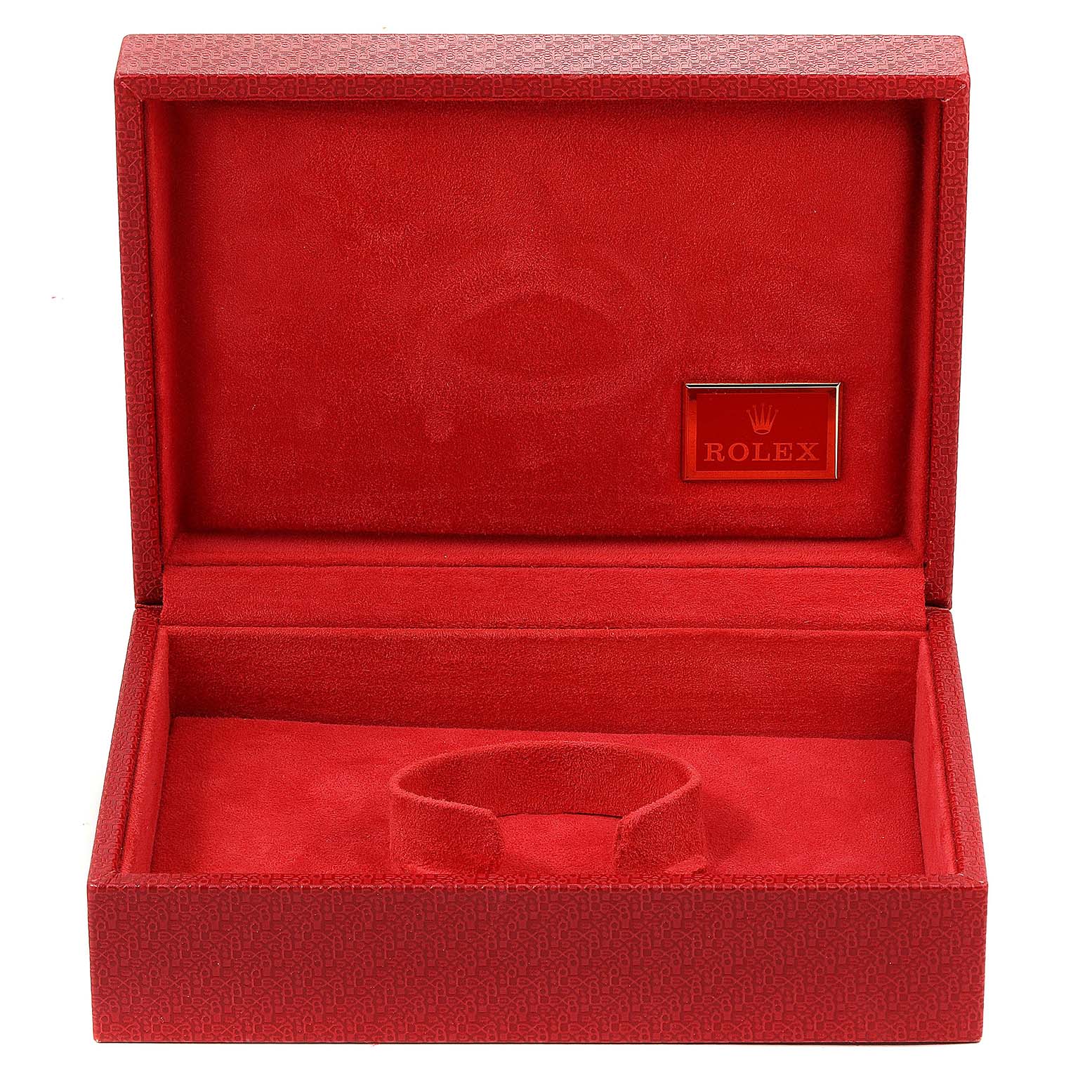 This image shows an open red Rolex watch box, specifically designed for the President model.