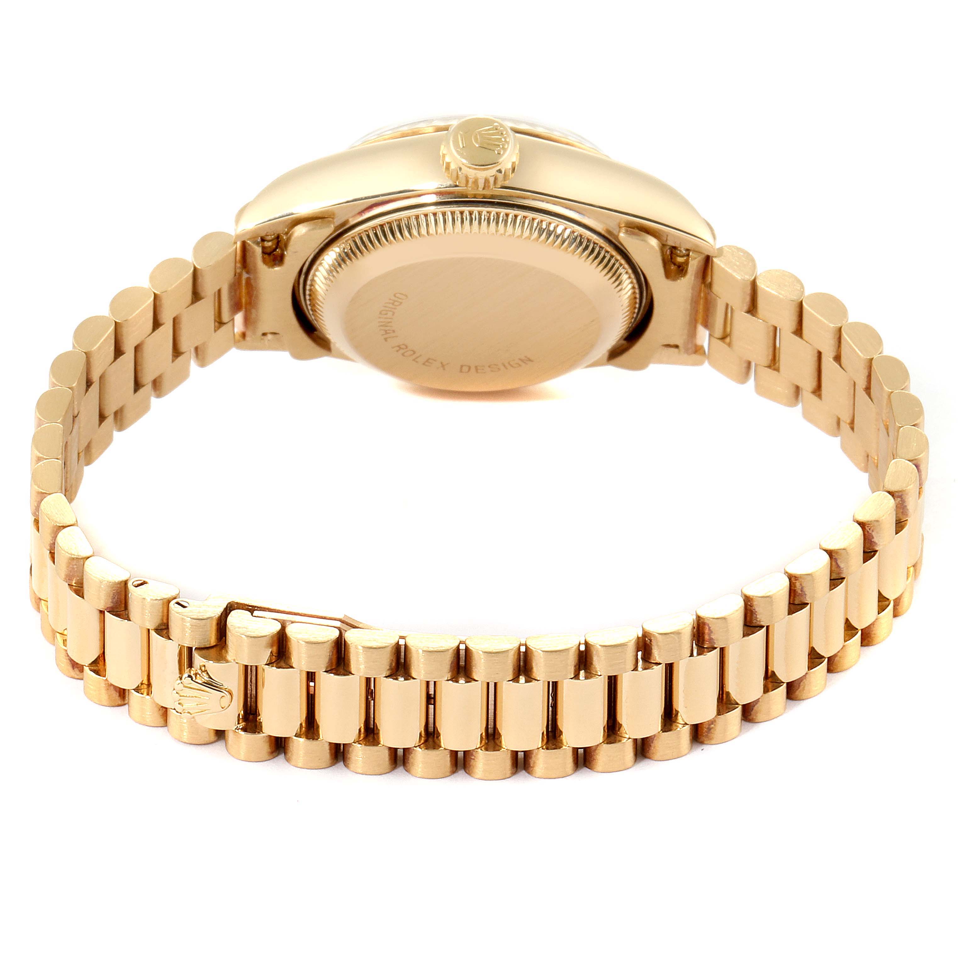 The image shows the back view of a Rolex President 69178 Women's Yellow Gold Black Dial 69178 Women's Yellow Gold Black Dial model watch, highlighting its bracelet and caseback.