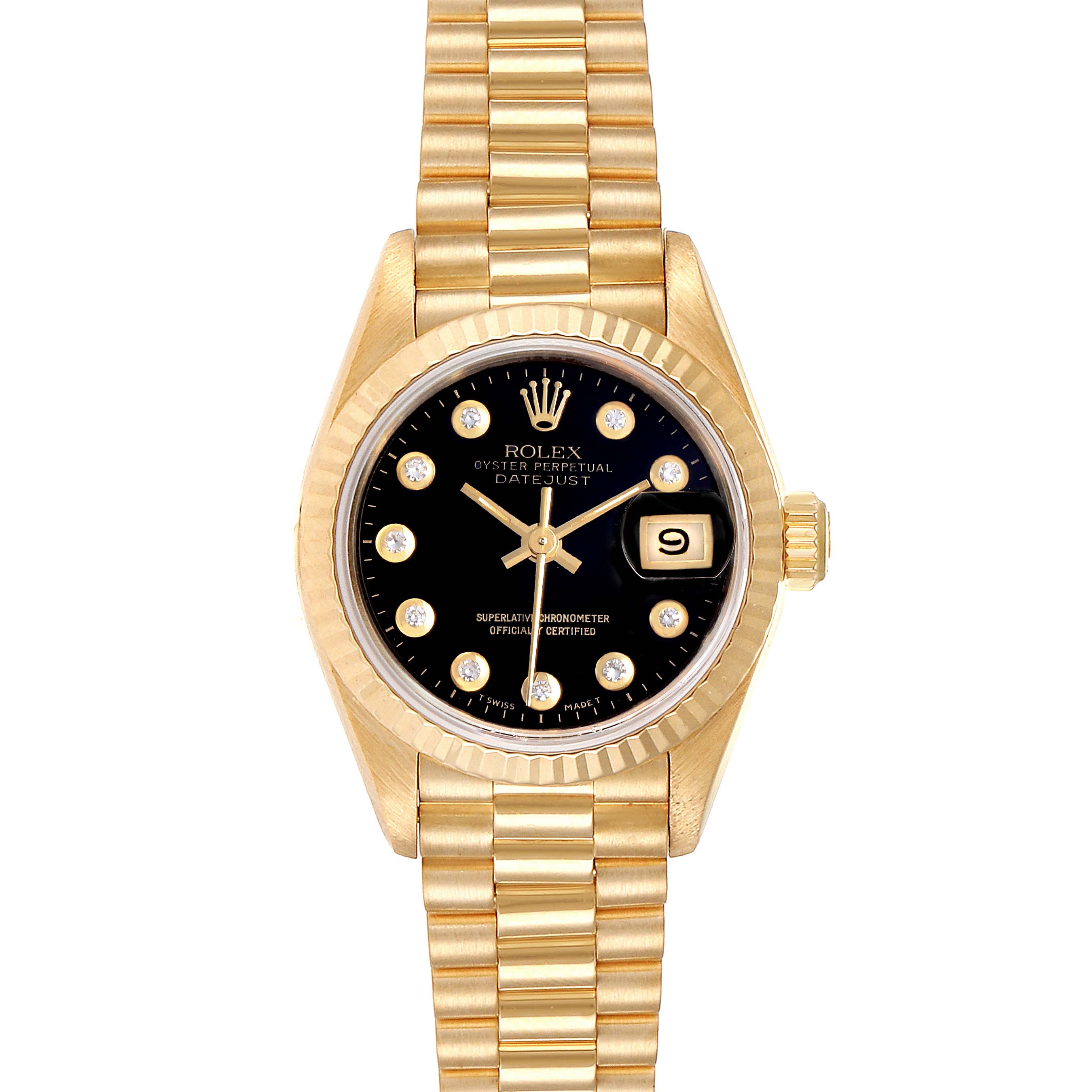 The image shows a front view of the Rolex President 69178 Women's Yellow Gold Black Dial 69178 Women's Yellow Gold Black Dial model watch with a gold bracelet and black dial.