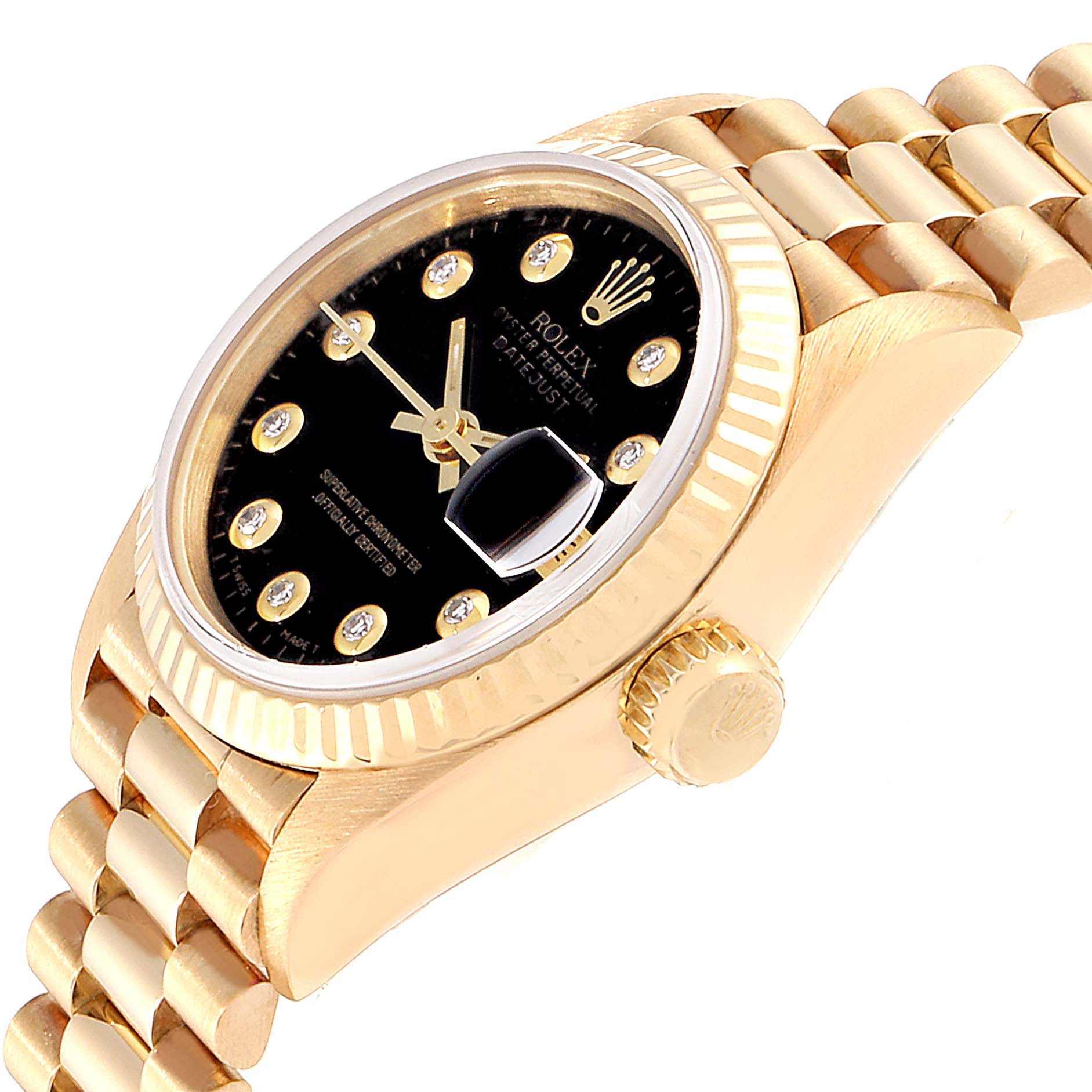 The image shows a Rolex President 69178 Women's Yellow Gold Black Dial 69178 Women's Yellow Gold Black Dial model watch angled to display the dial, bezel, crown, and part of the bracelet.