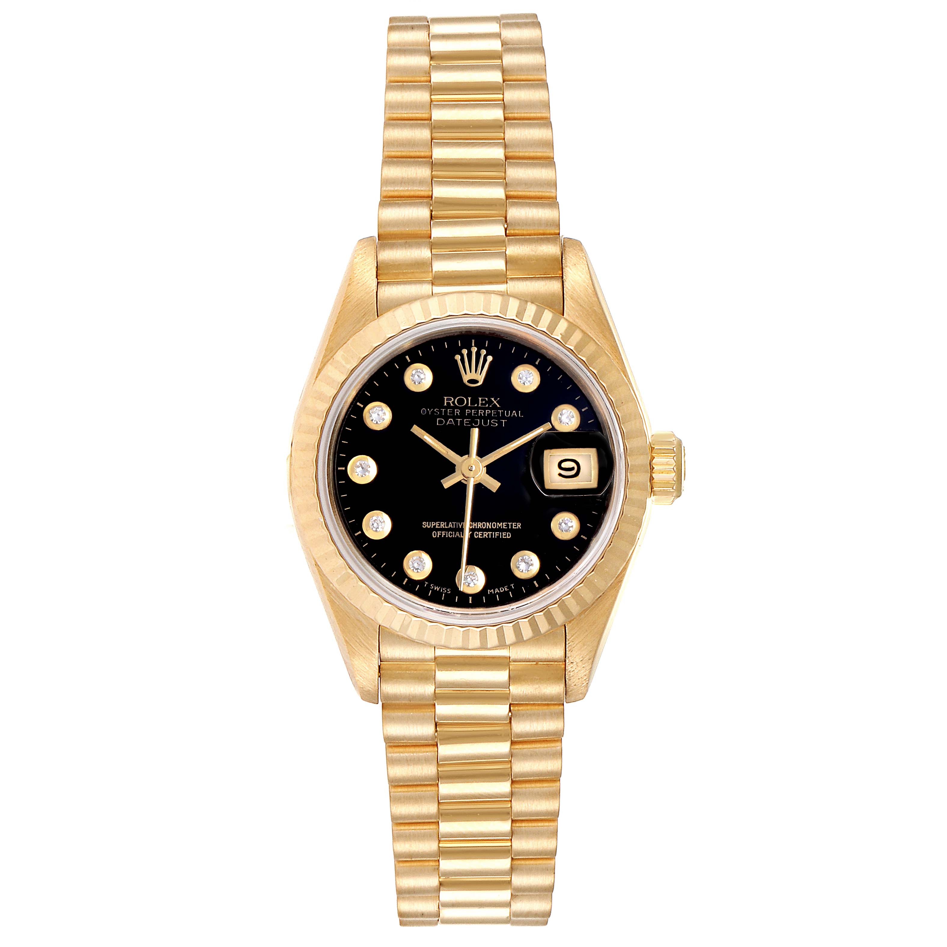 The Rolex President 69178 Women's Yellow Gold Black Dial 69178 Women's Yellow Gold Black Dial model watch is shown from a top-down angle, highlighting its band, bezel, dial, and date window.