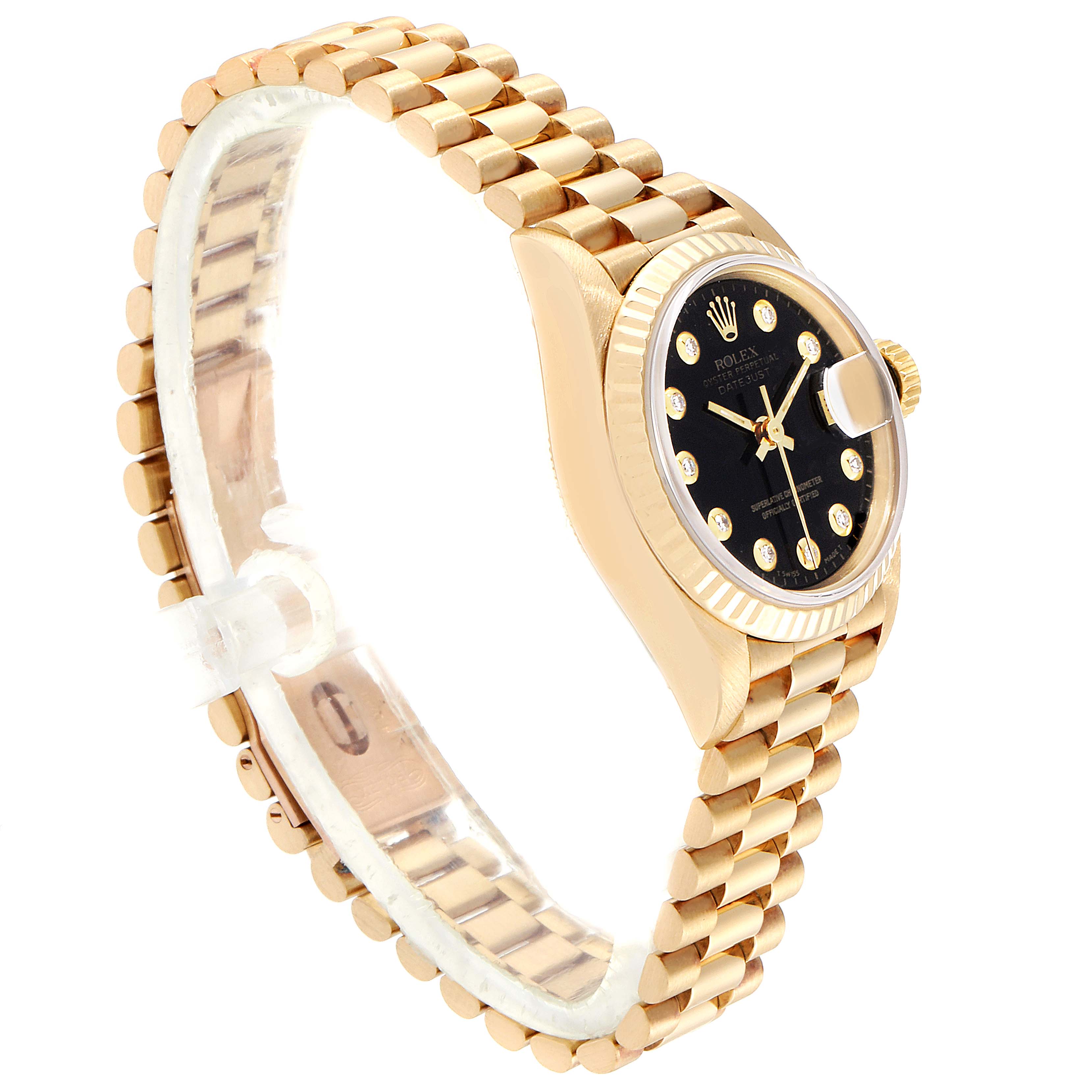 The Rolex President 69178 Women's Yellow Gold Black Dial 69178 Women's Yellow Gold Black Dial model watch is shown at a three-quarter angle, highlighting its gold bracelet, black dial, and diamond hour markers.