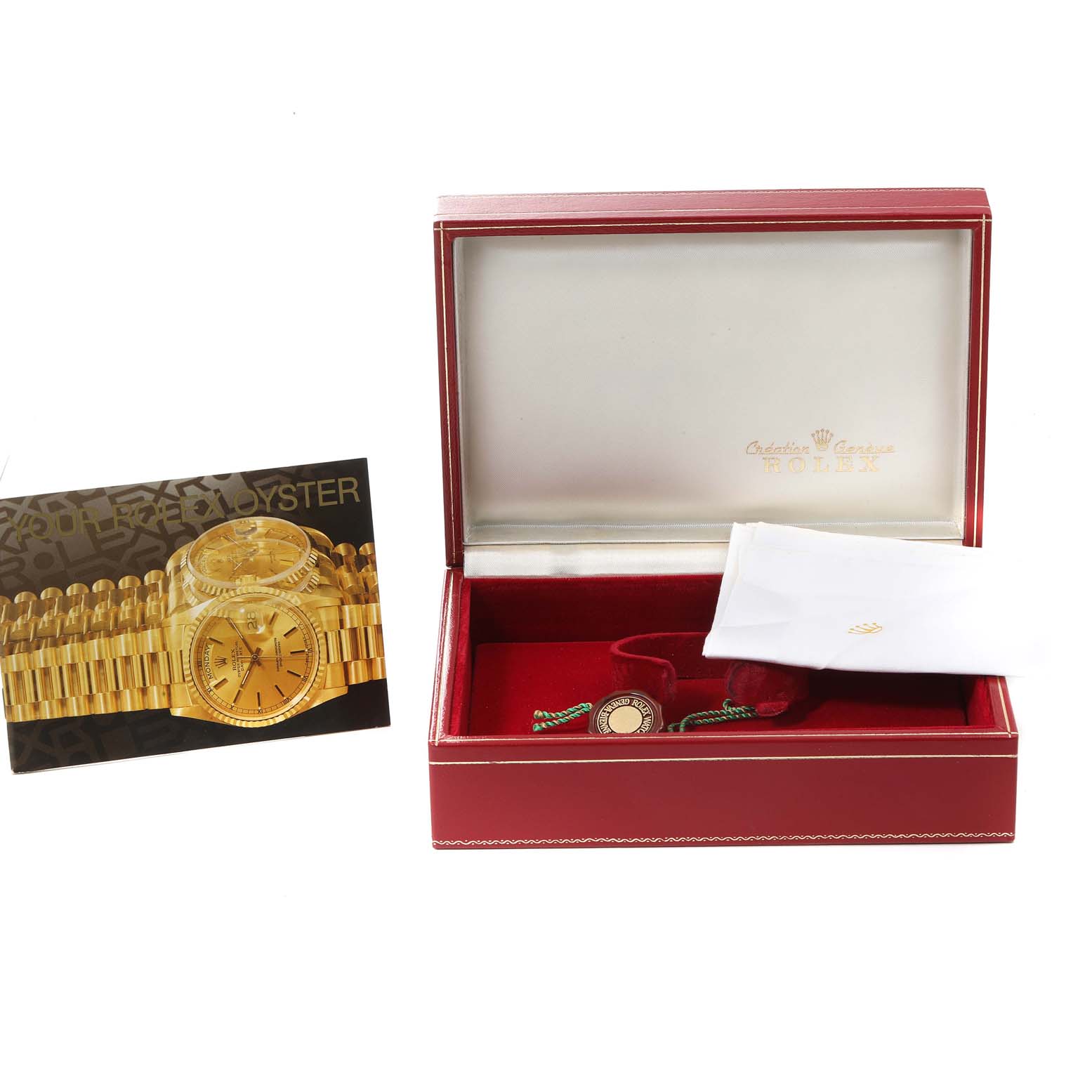 The image shows an open Rolex President 69178 Women's Yellow Gold Champagne Dial 69178 Women's Yellow Gold Champagne Dial watch box, a tag, a cloth, and a booklet, all photographed from the front.