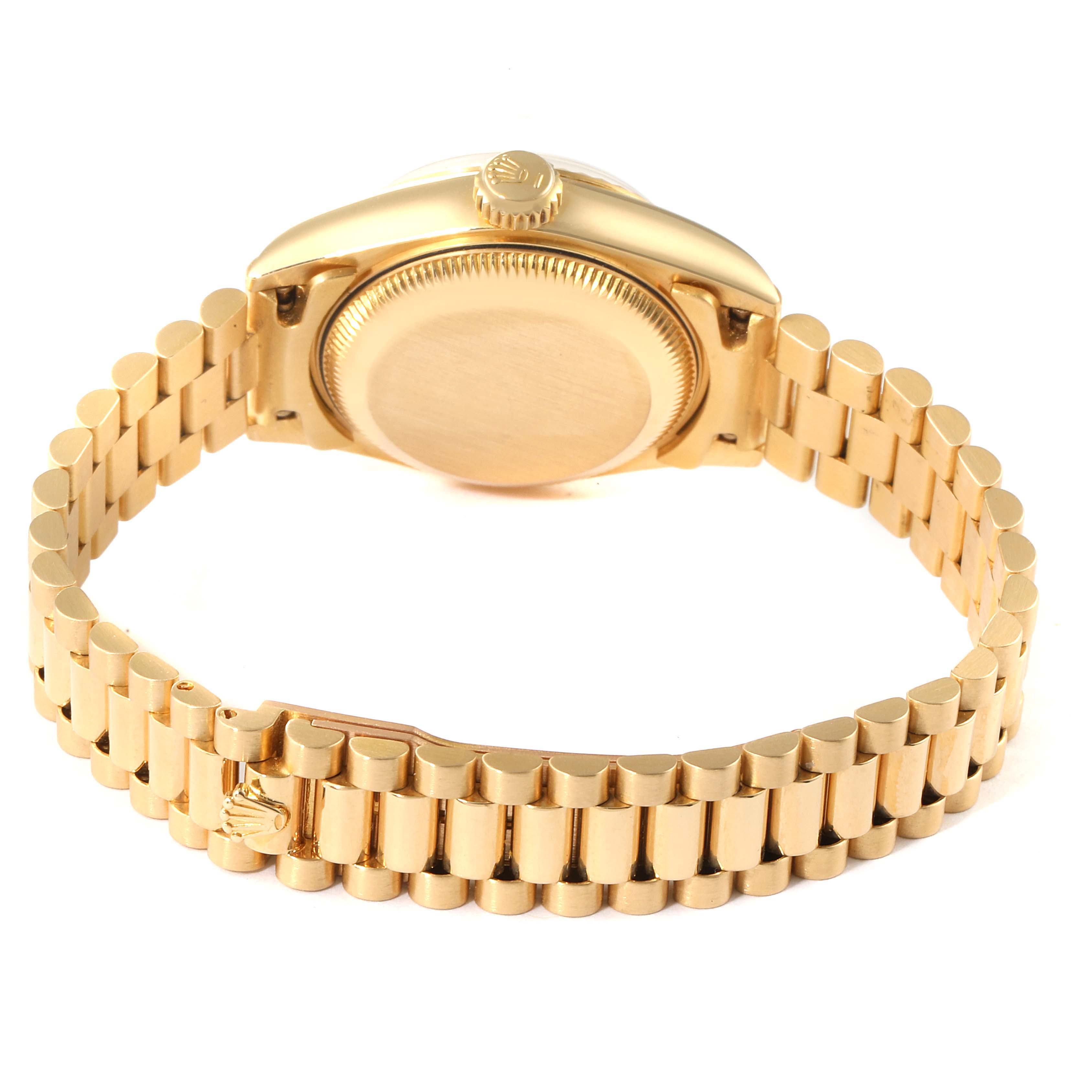 This image shows the back view of a Rolex President 69178 Women's Yellow Gold Champagne Dial 69178 Women's Yellow Gold Champagne Dial model watch, highlighting the case and bracelet.
